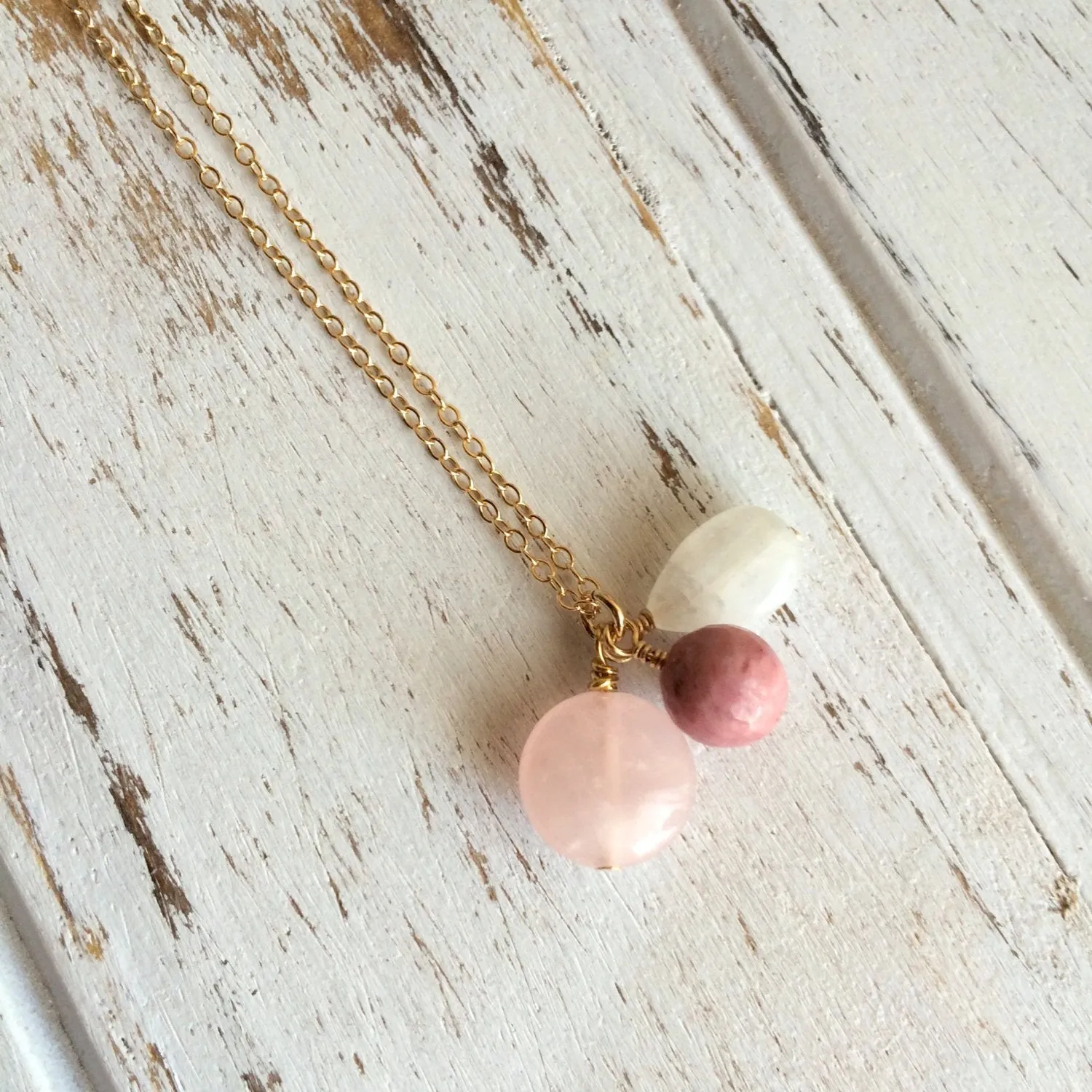 Moonstone, Rhodonite and Rose Quartz Gold Filled Necklace