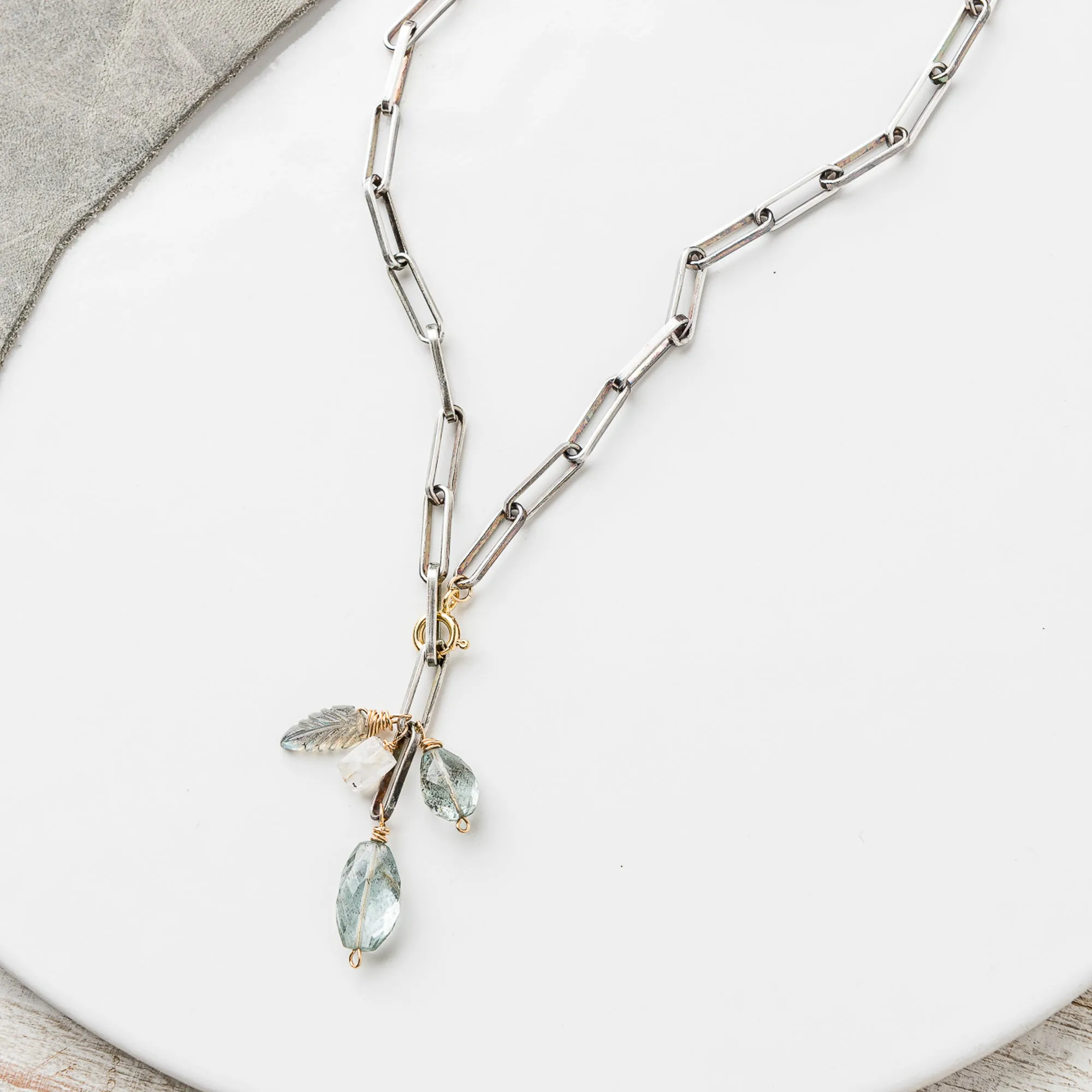 Moss Aquamarine Cluster Necklace on Box Paperclip Chain