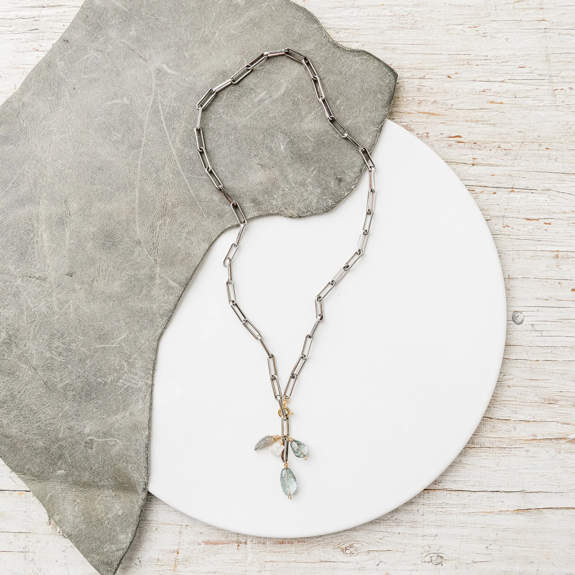 Moss Aquamarine Cluster Necklace on Box Paperclip Chain