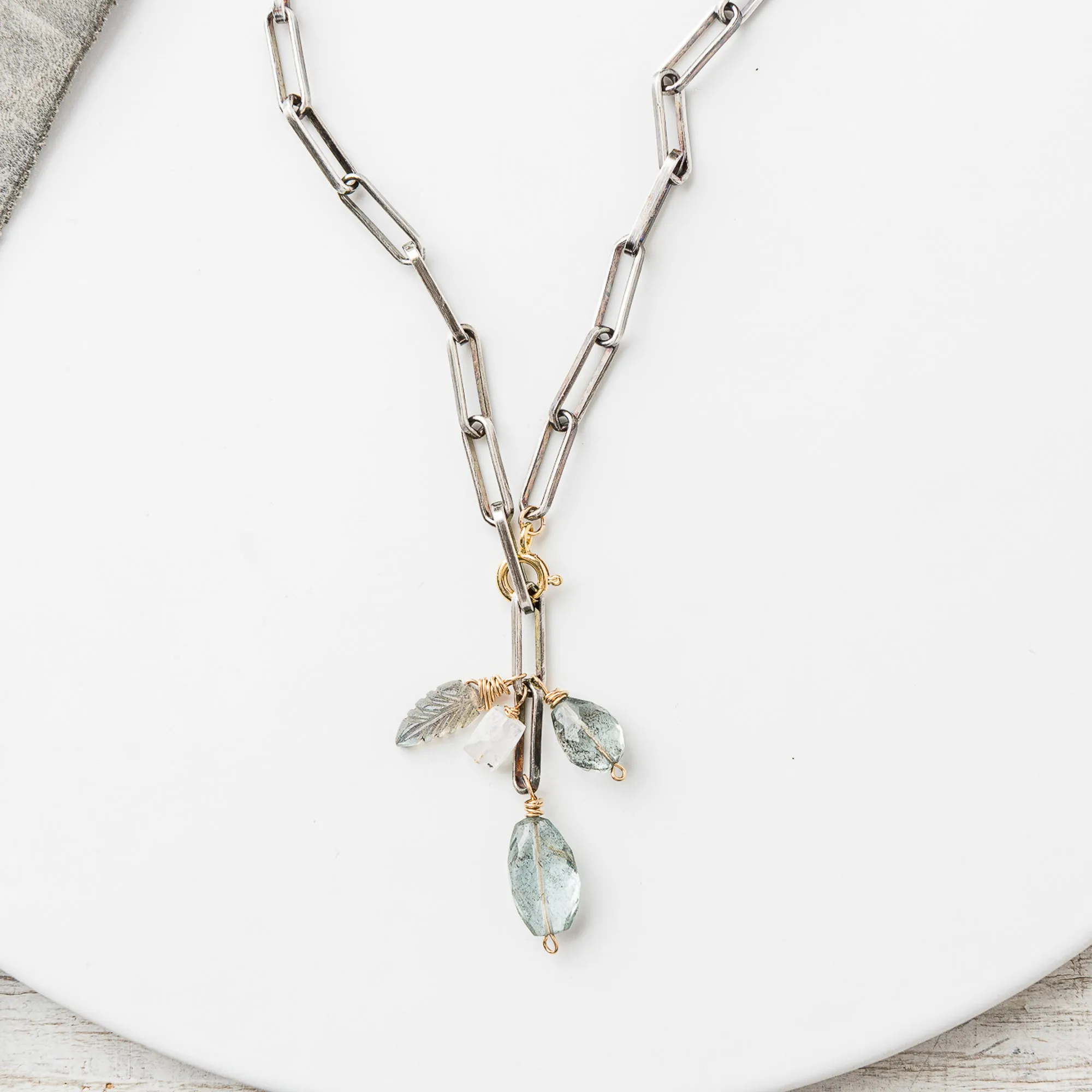 Moss Aquamarine Cluster Necklace on Box Paperclip Chain