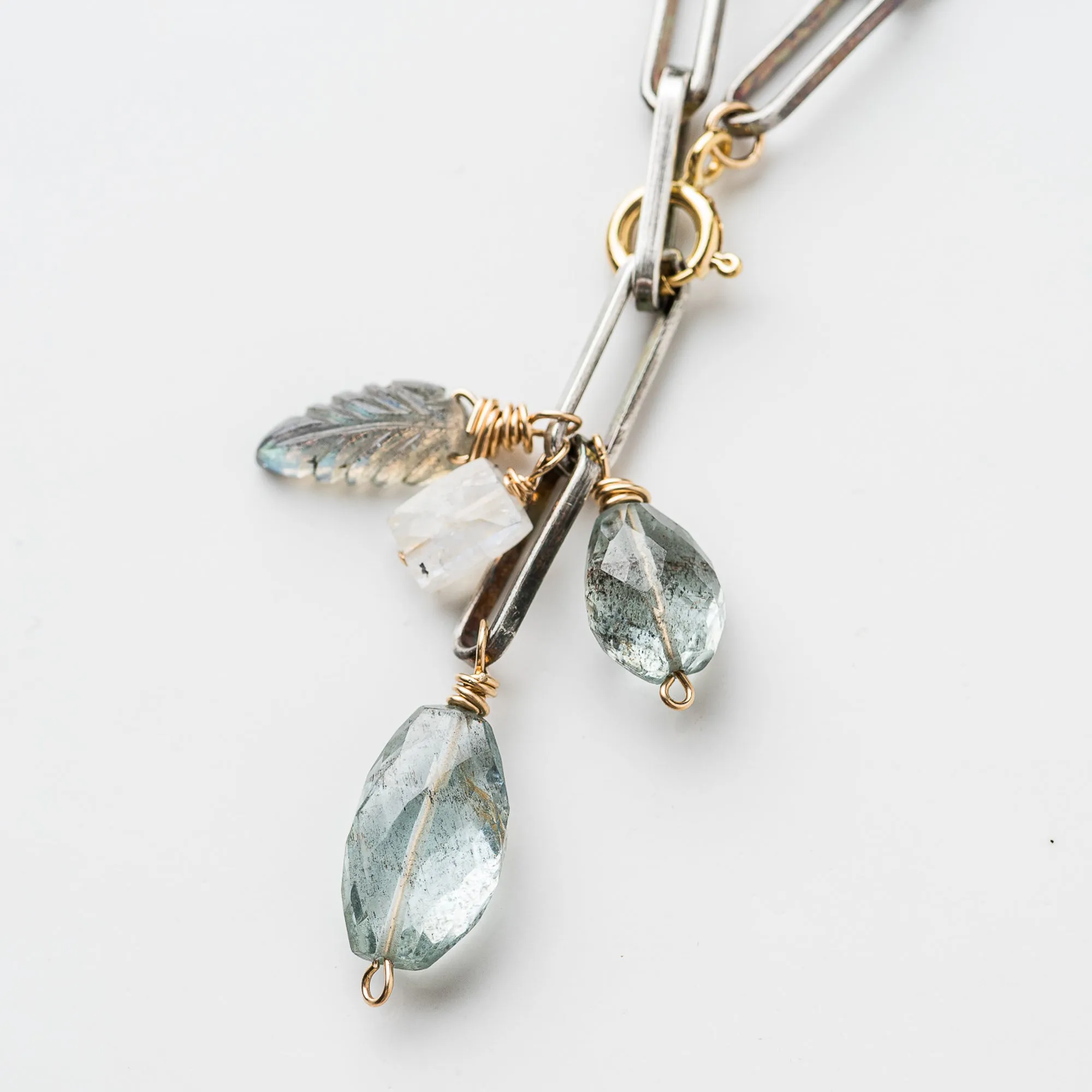Moss Aquamarine Cluster Necklace on Box Paperclip Chain