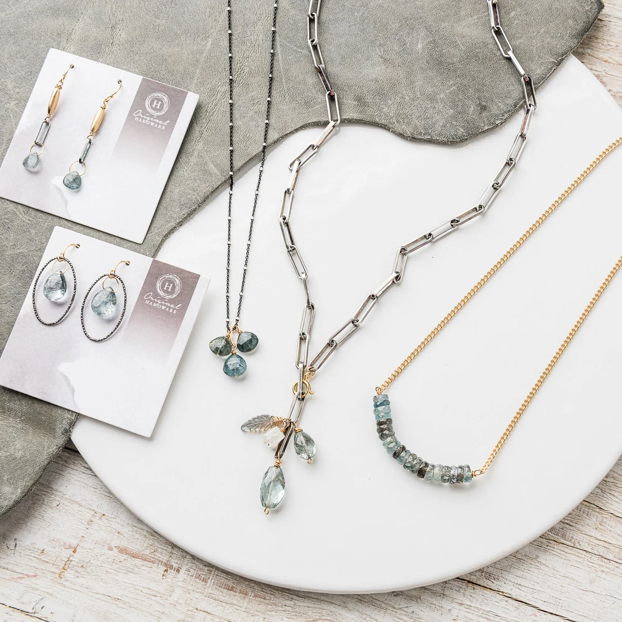 Moss Aquamarine Cluster Necklace on Box Paperclip Chain
