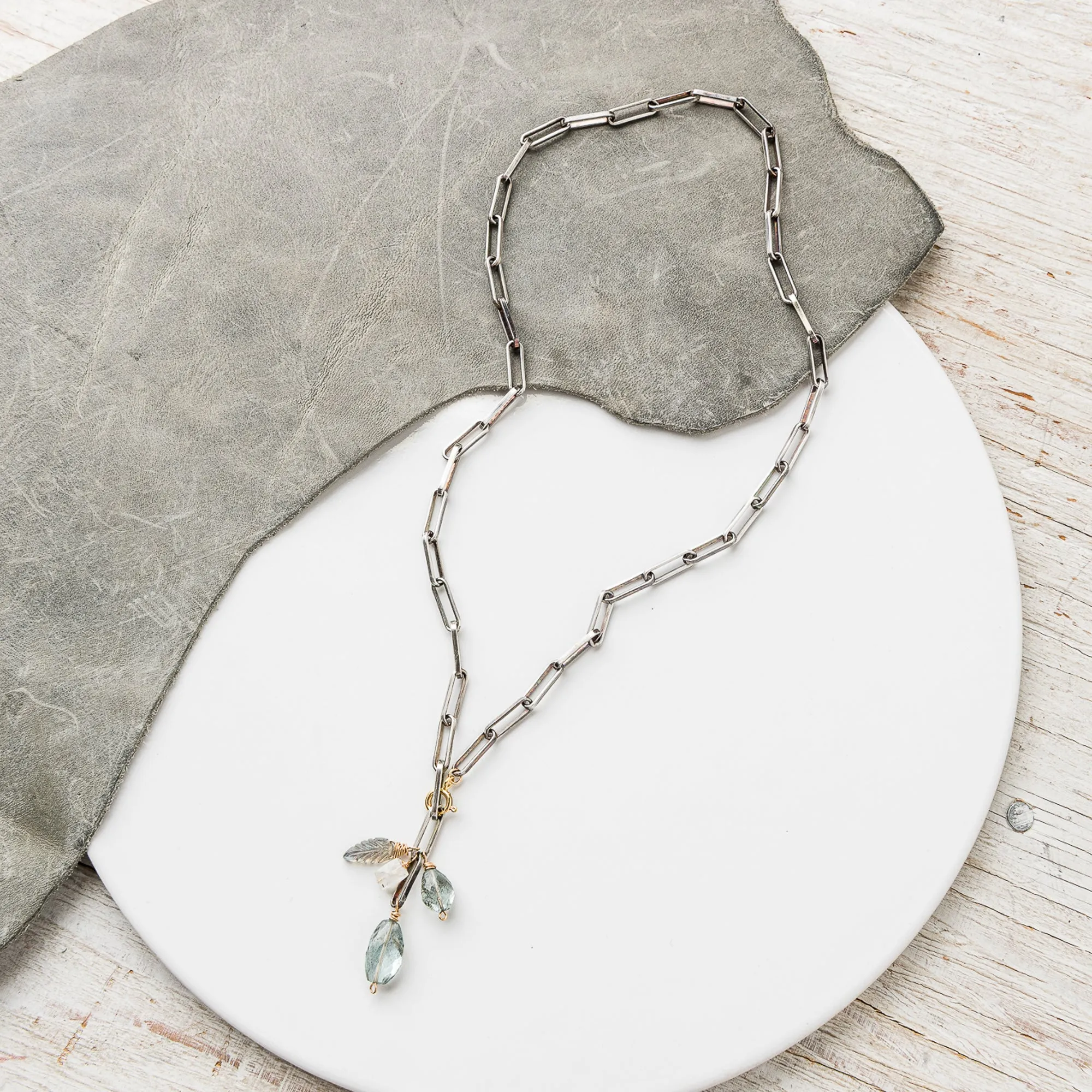Moss Aquamarine Cluster Necklace on Box Paperclip Chain
