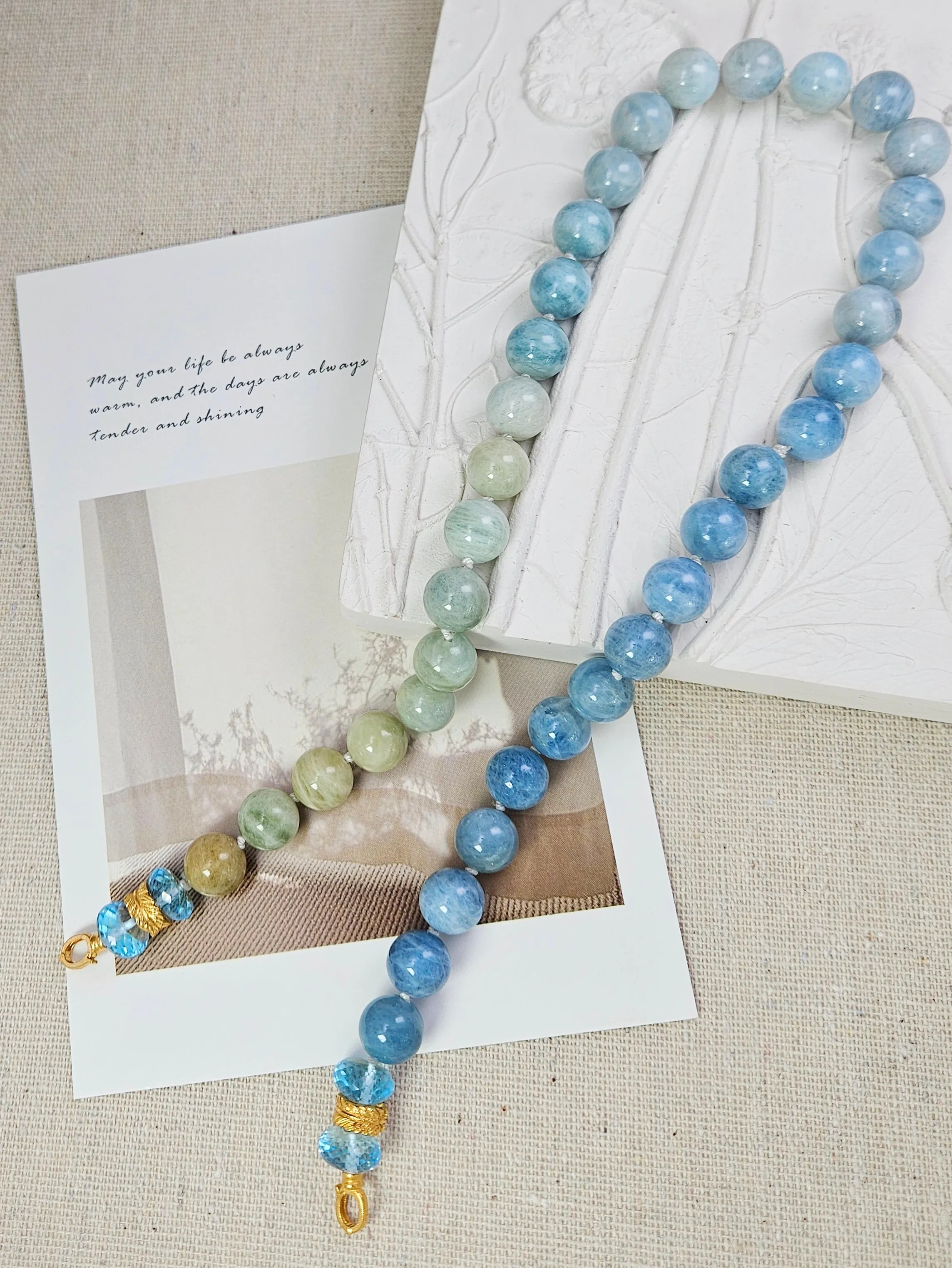 Multicolor Milky Aquamarine, Blue Topaz Gemstone 18K Yellow Gold Feather Beaded Open Loop Necklace 18"