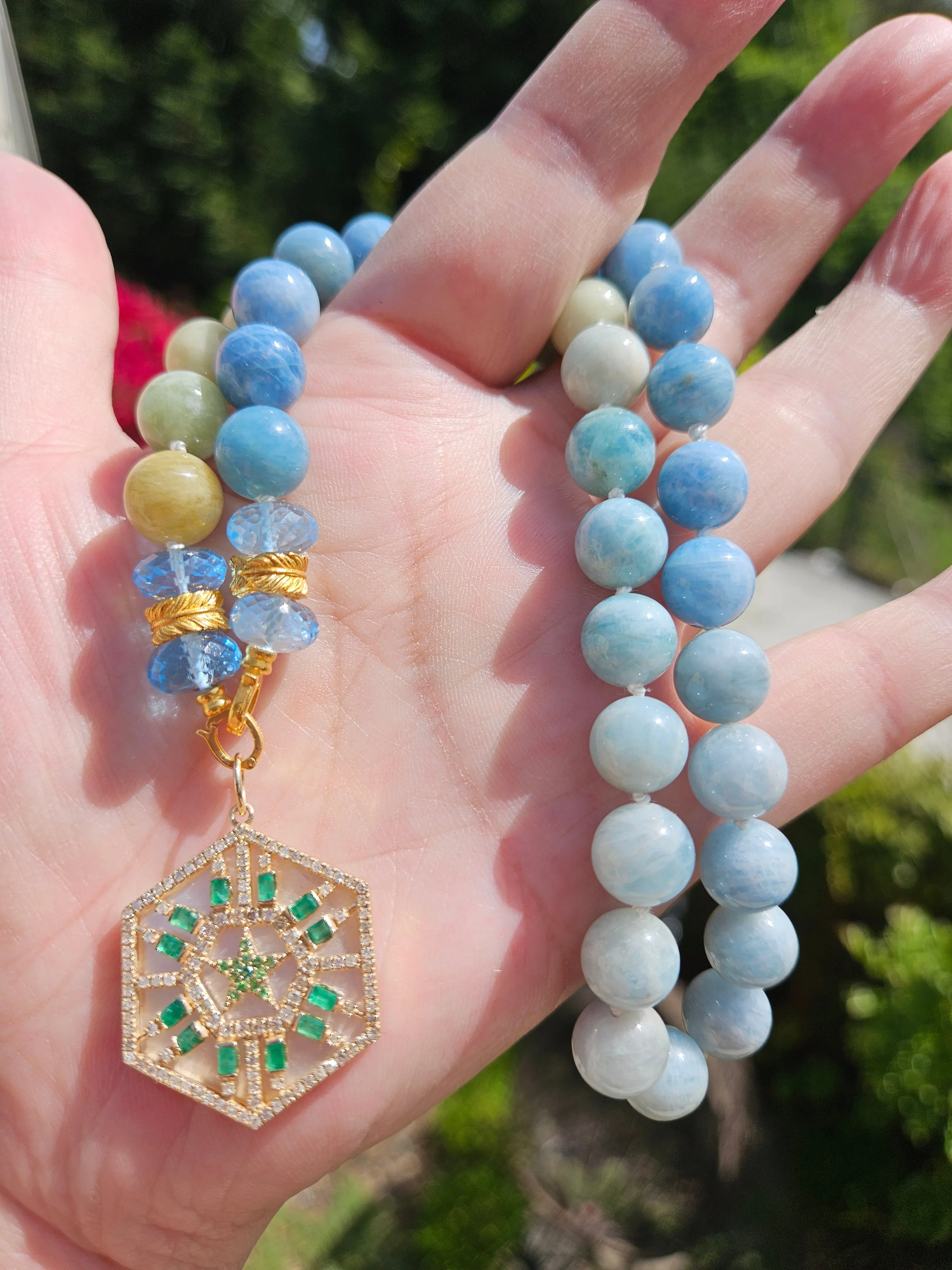 Multicolor Milky Aquamarine, Blue Topaz Gemstone 18K Yellow Gold Feather Beaded Open Loop Necklace 18"