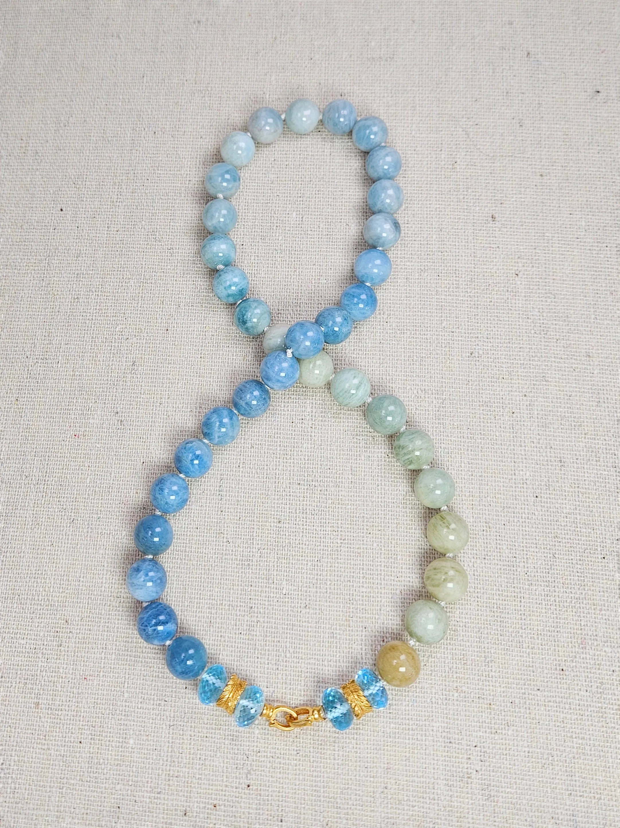 Multicolor Milky Aquamarine, Blue Topaz Gemstone 18K Yellow Gold Feather Beaded Open Loop Necklace 18"