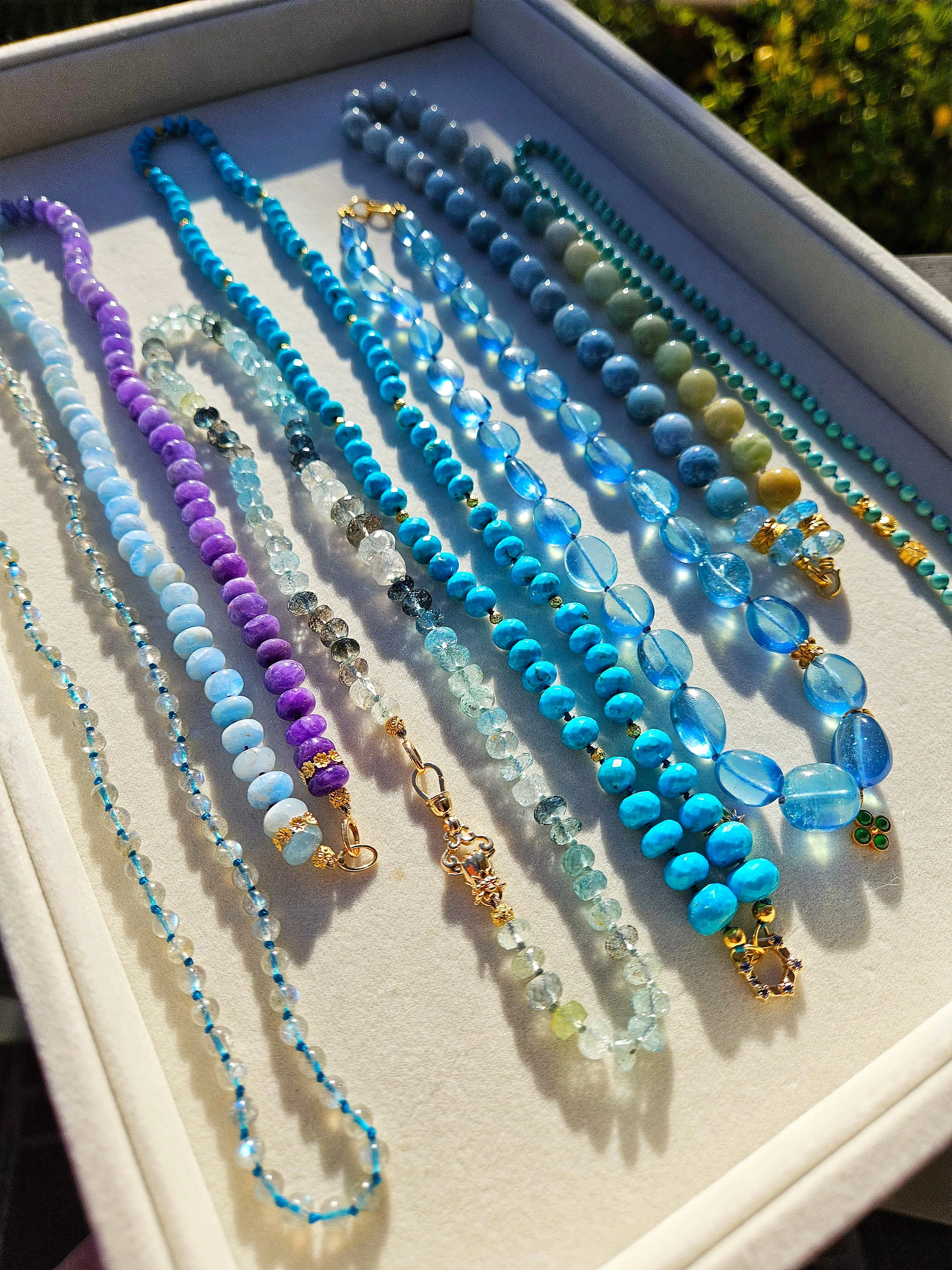 Multicolor Milky Aquamarine, Blue Topaz Gemstone 18K Yellow Gold Feather Beaded Open Loop Necklace 18"