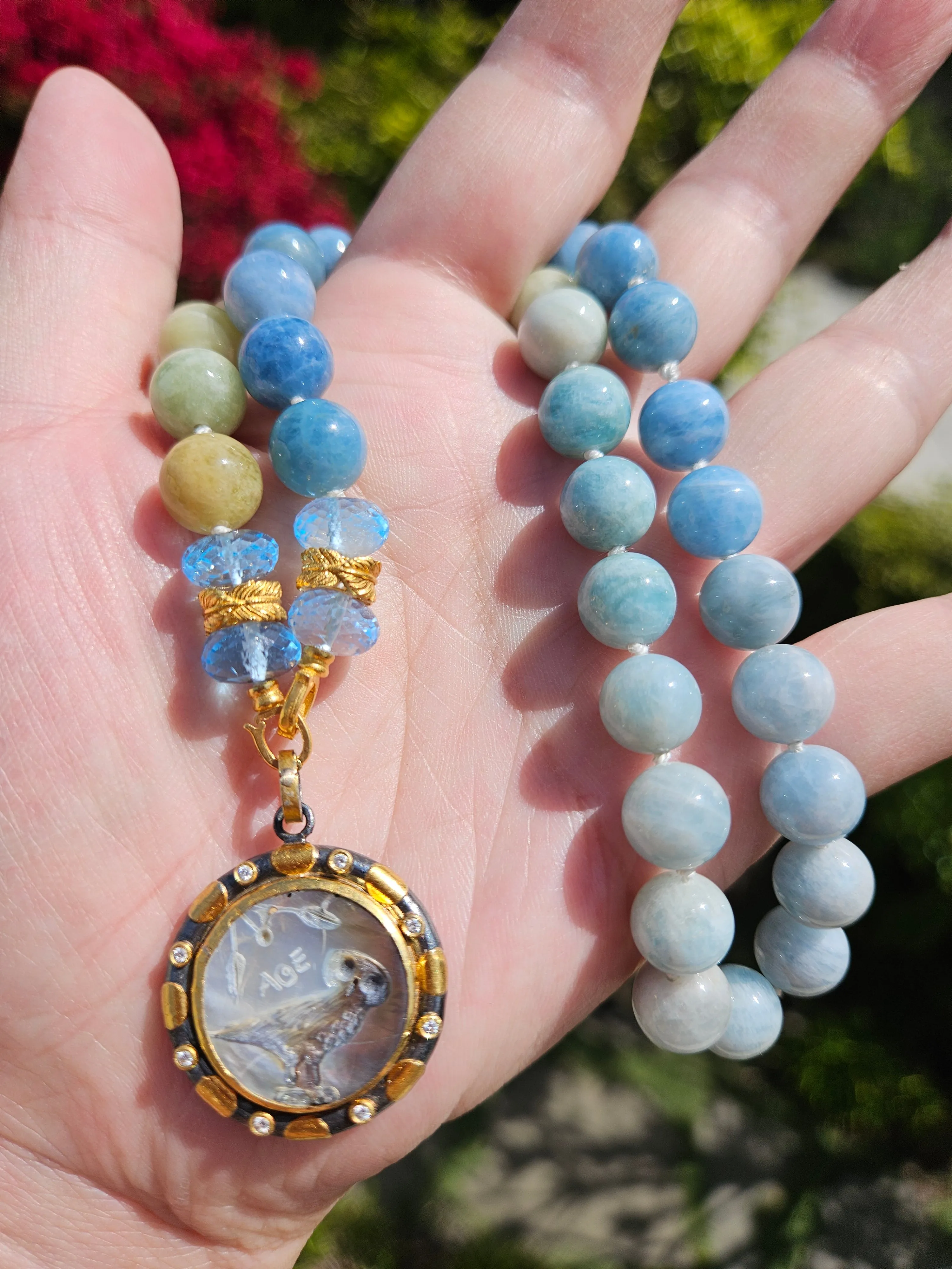 Multicolor Milky Aquamarine, Blue Topaz Gemstone 18K Yellow Gold Feather Beaded Open Loop Necklace 18"