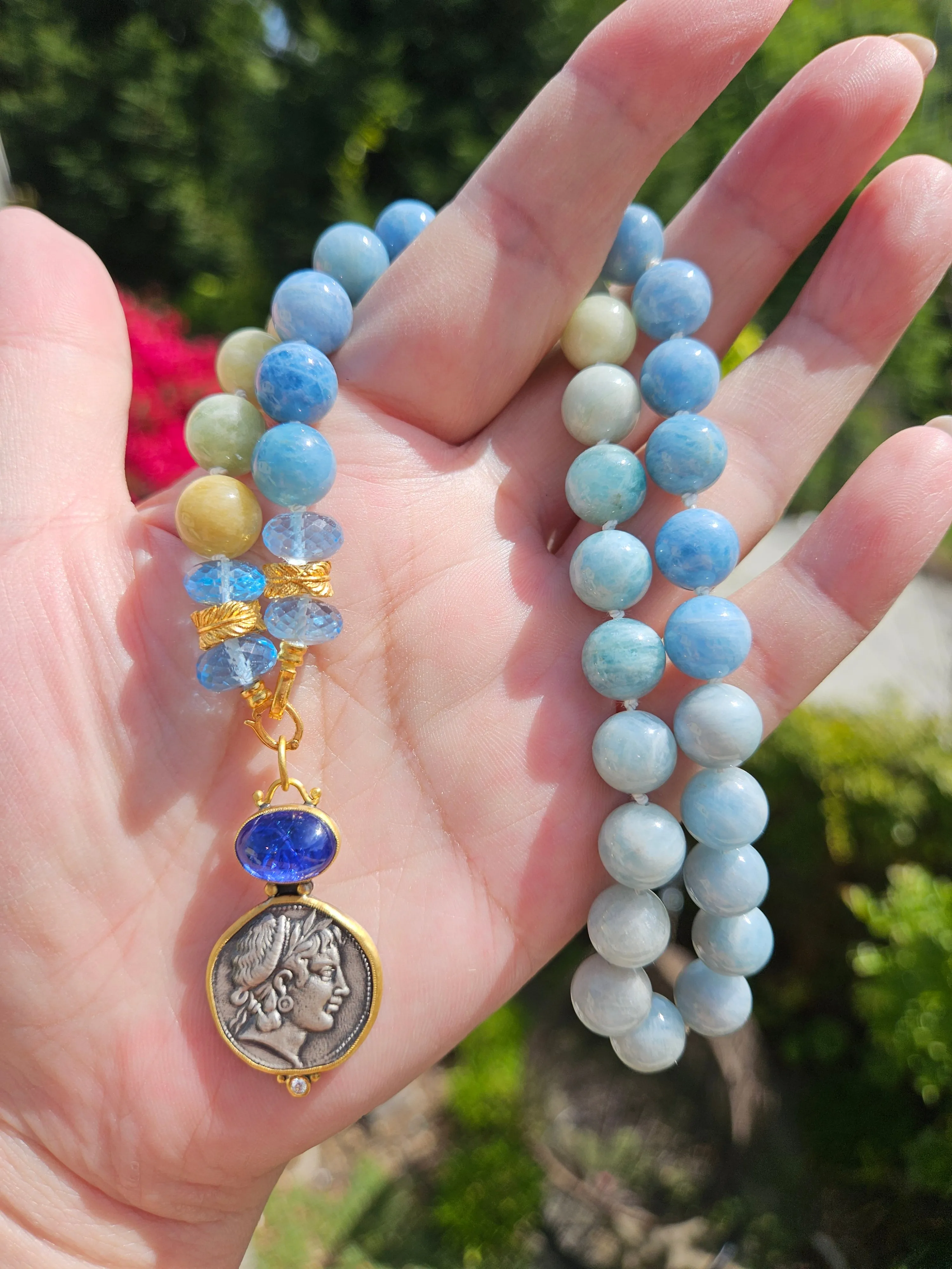 Multicolor Milky Aquamarine, Blue Topaz Gemstone 18K Yellow Gold Feather Beaded Open Loop Necklace 18"