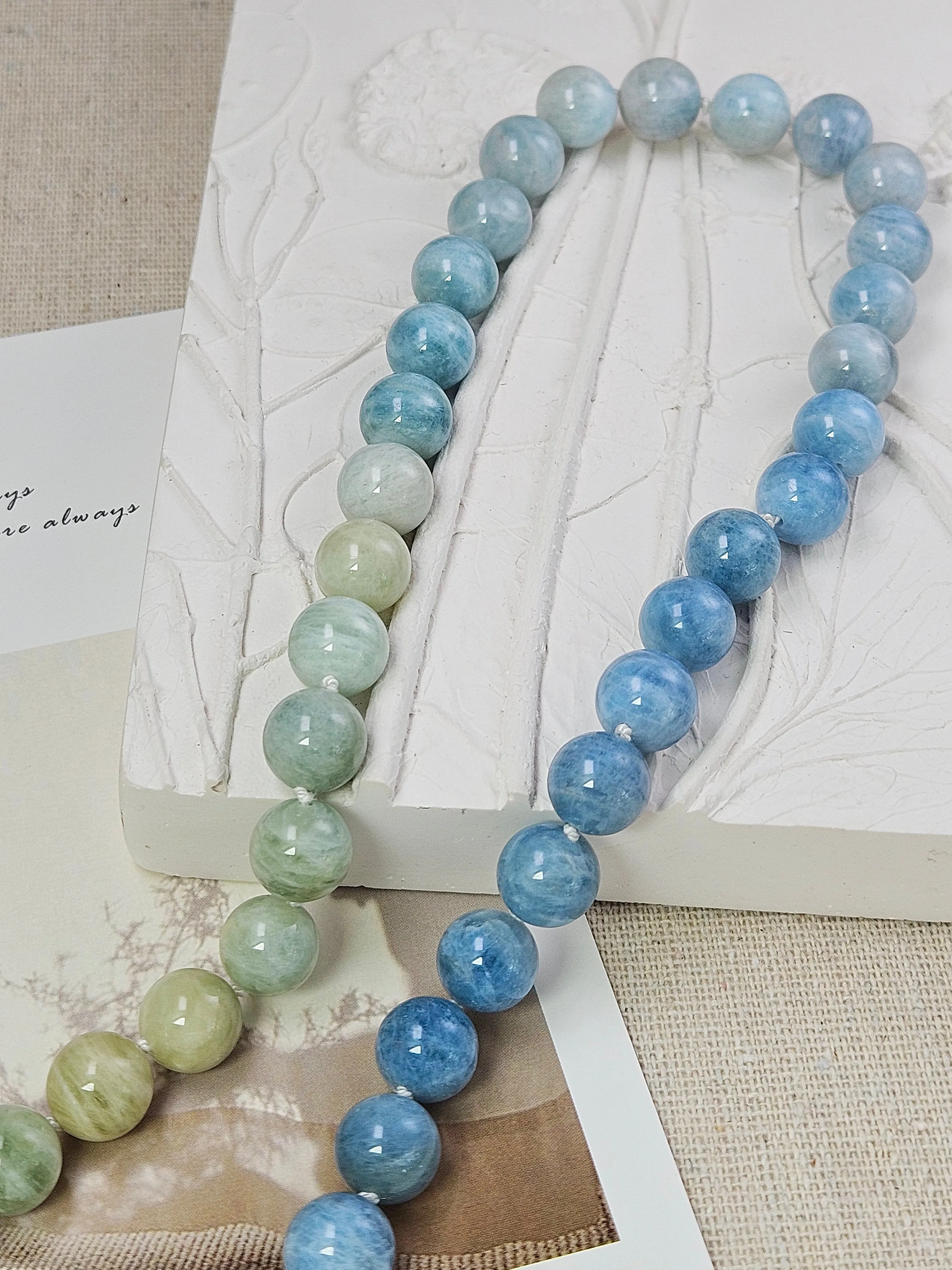 Multicolor Milky Aquamarine, Blue Topaz Gemstone 18K Yellow Gold Feather Beaded Open Loop Necklace 18"