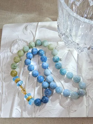 Multicolor Milky Aquamarine, Blue Topaz Gemstone 18K Yellow Gold Feather Beaded Open Loop Necklace 18"