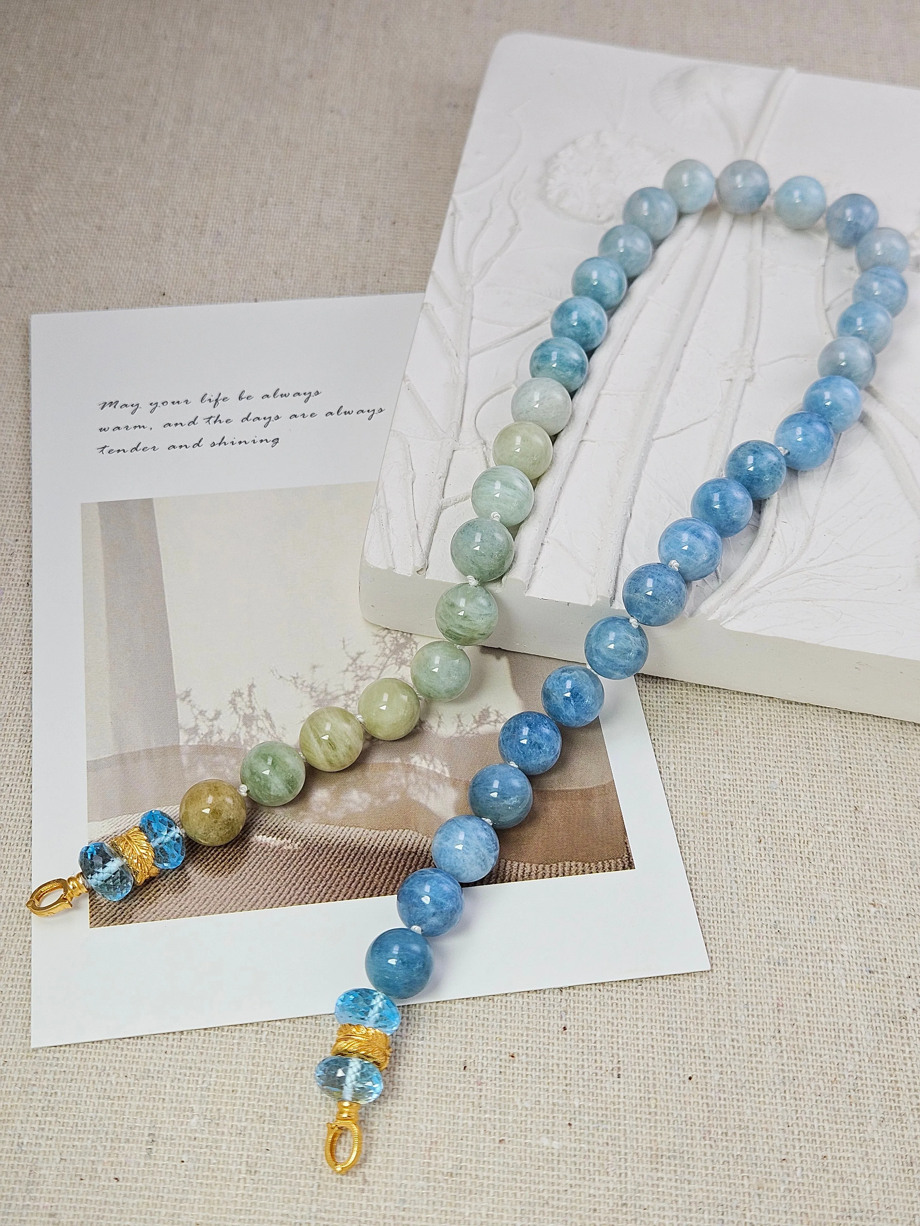 Multicolor Milky Aquamarine, Blue Topaz Gemstone 18K Yellow Gold Feather Beaded Open Loop Necklace 18"