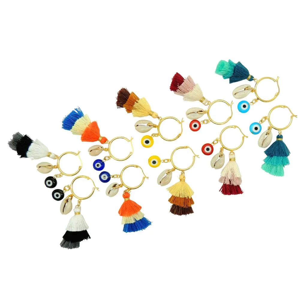 Multicolour Trio Tassel Charm Hoop Earrings