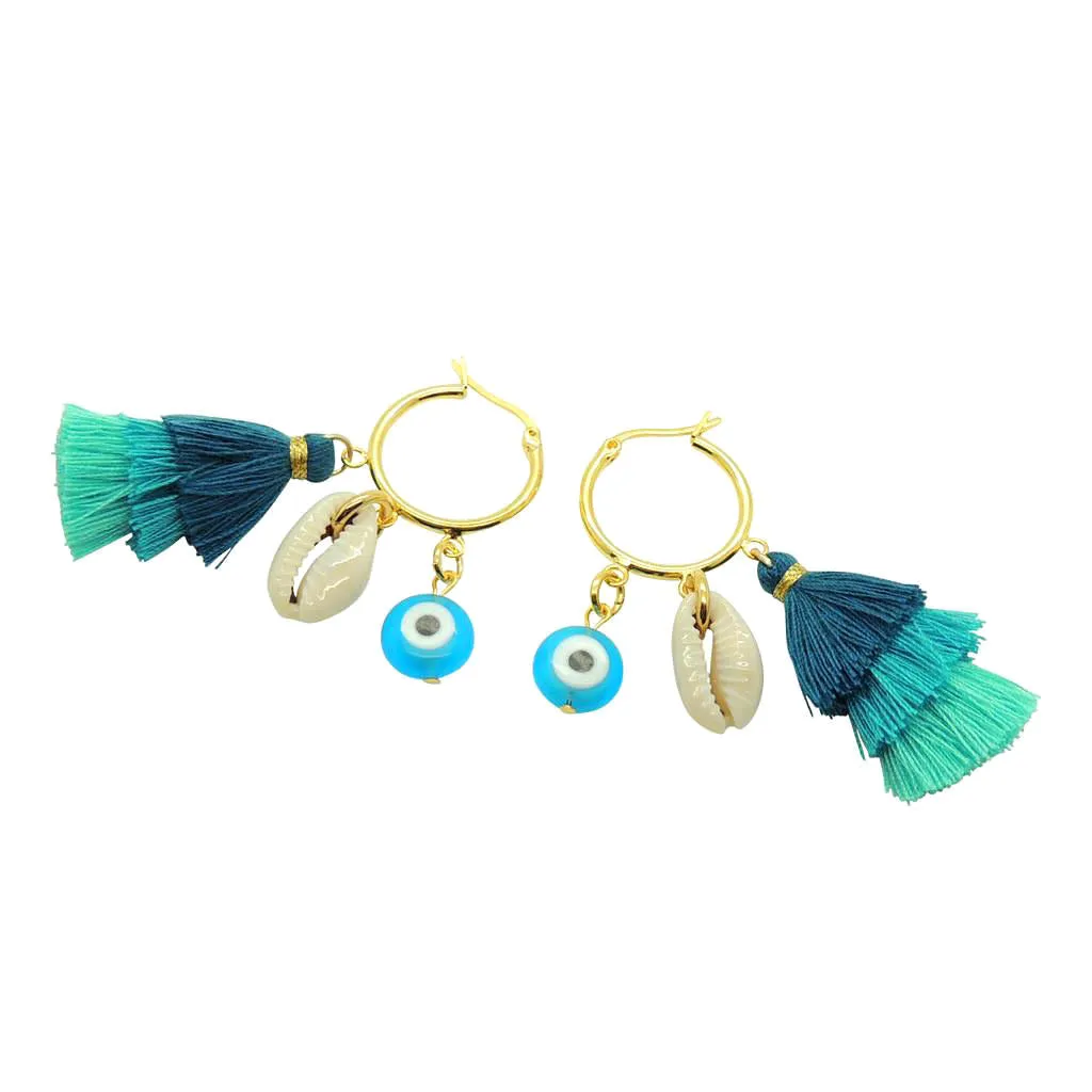 Multicolour Trio Tassel Charm Hoop Earrings