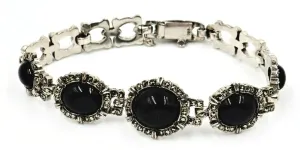 Onyx & Marcasite 925 Sterling Silver Bracelet Fine Vintage Jewellery Length 18cm