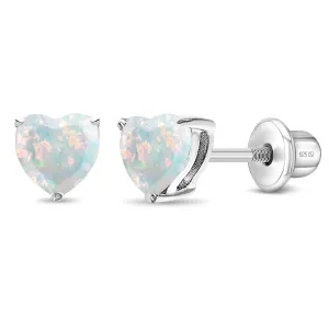 Opal Heart Kids / Children's / Girls Earrings Screw Back - Sterling Silver