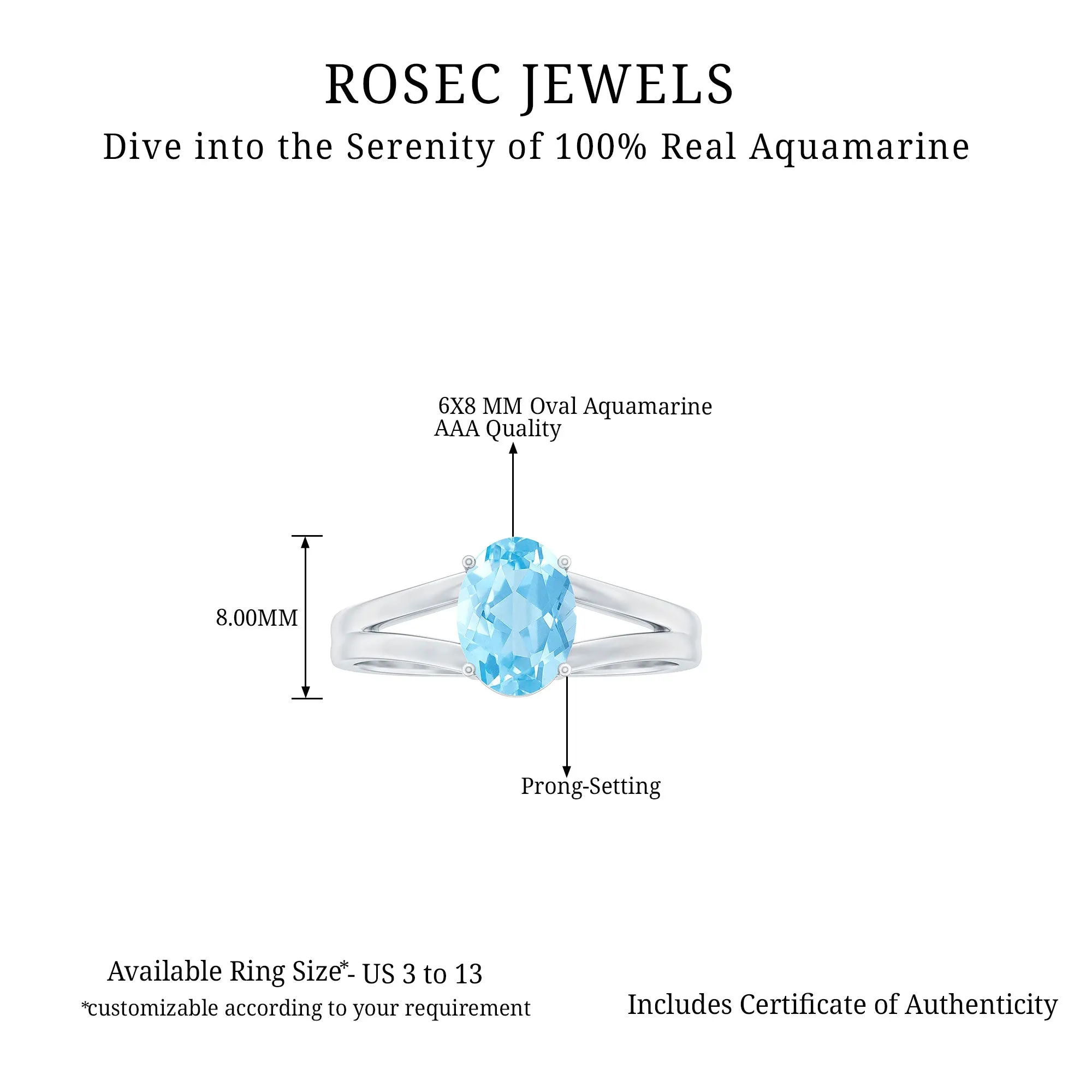 Oval Aquamarine Solitaire Engagement Ring in Split Shank