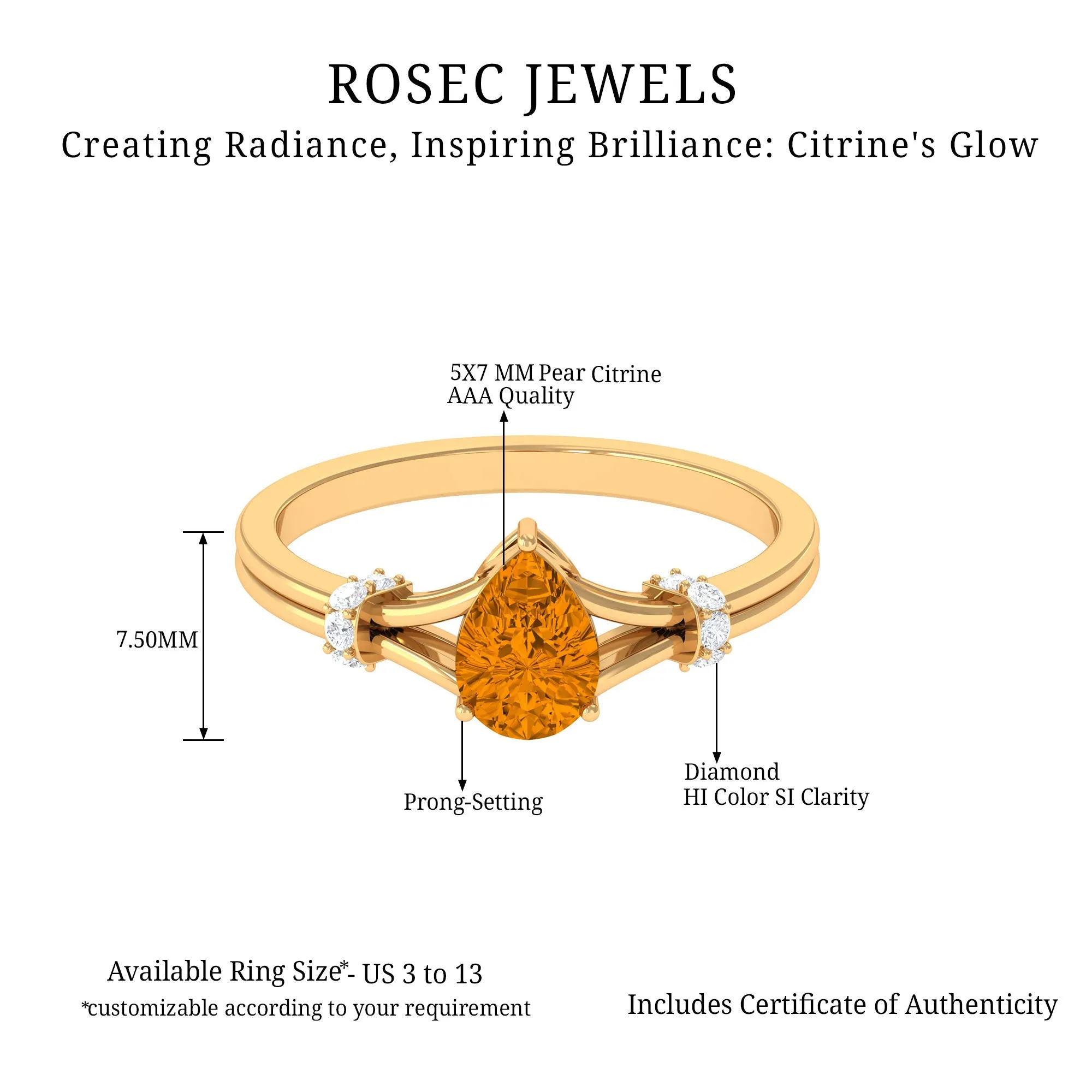 Pear Shape Citrine and Diamond Solitaire Ring in Split Shank