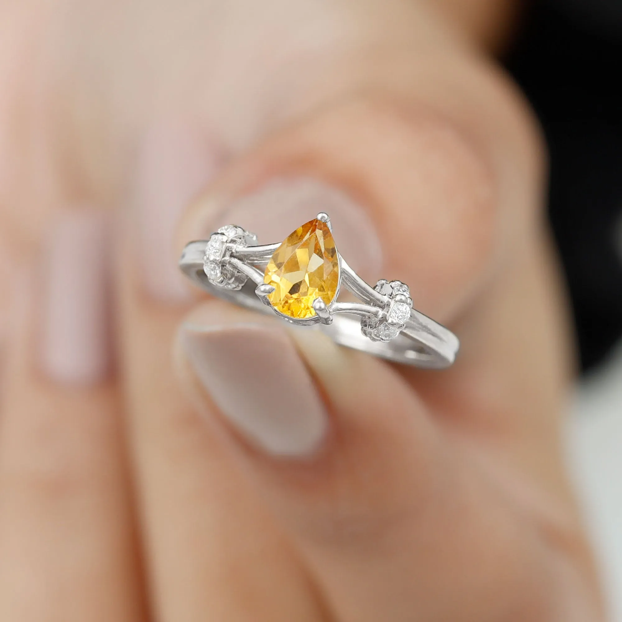Pear Shape Citrine and Diamond Solitaire Ring in Split Shank