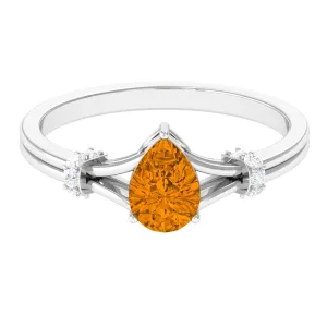 Pear Shape Citrine and Diamond Solitaire Ring in Split Shank