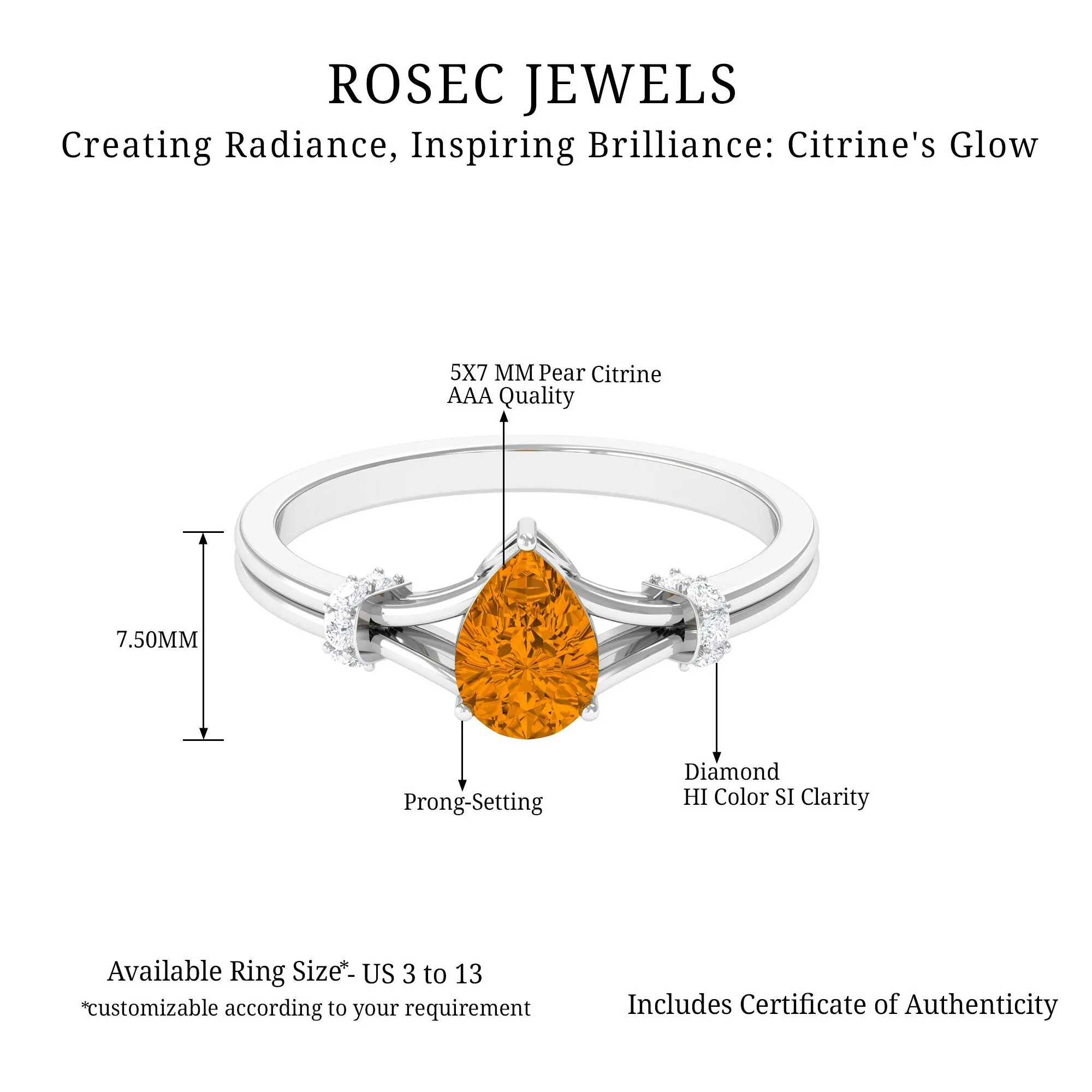 Pear Shape Citrine and Diamond Solitaire Ring in Split Shank