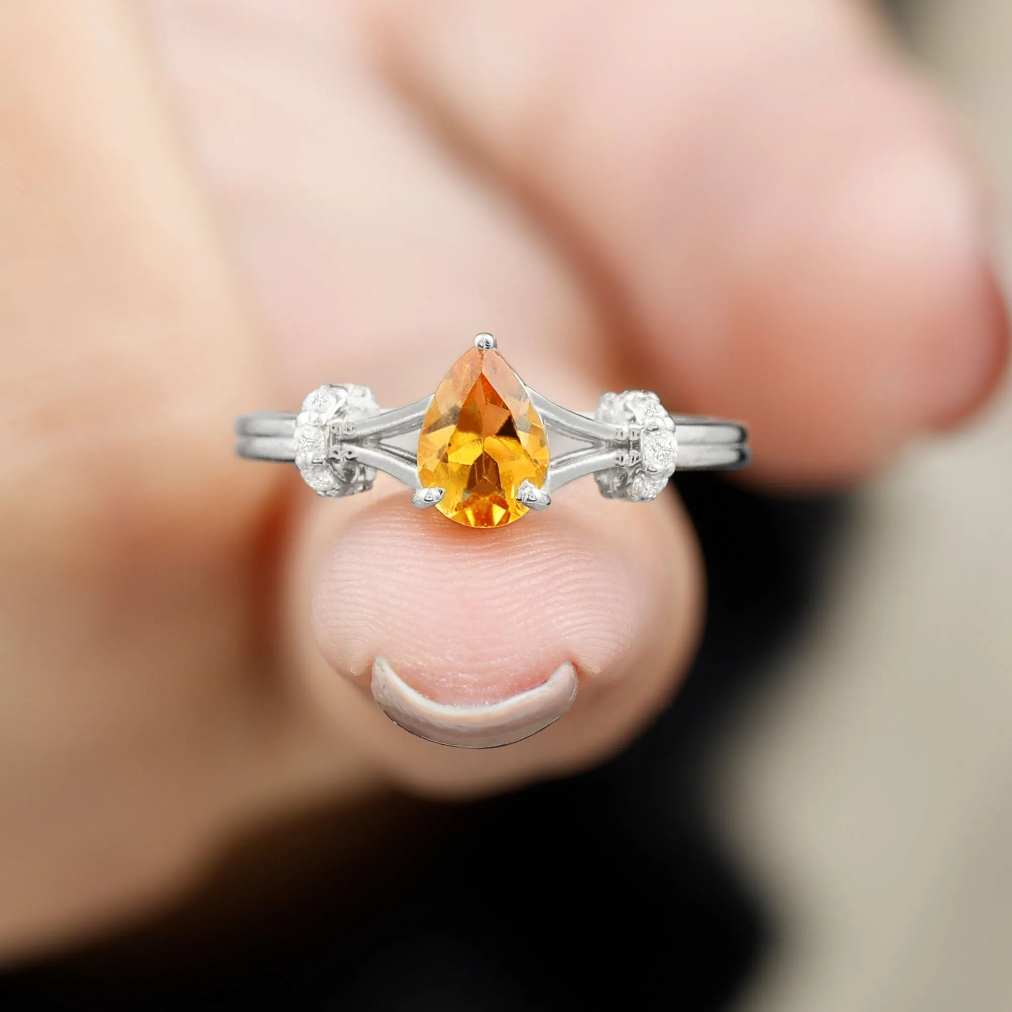 Pear Shape Citrine and Diamond Solitaire Ring in Split Shank