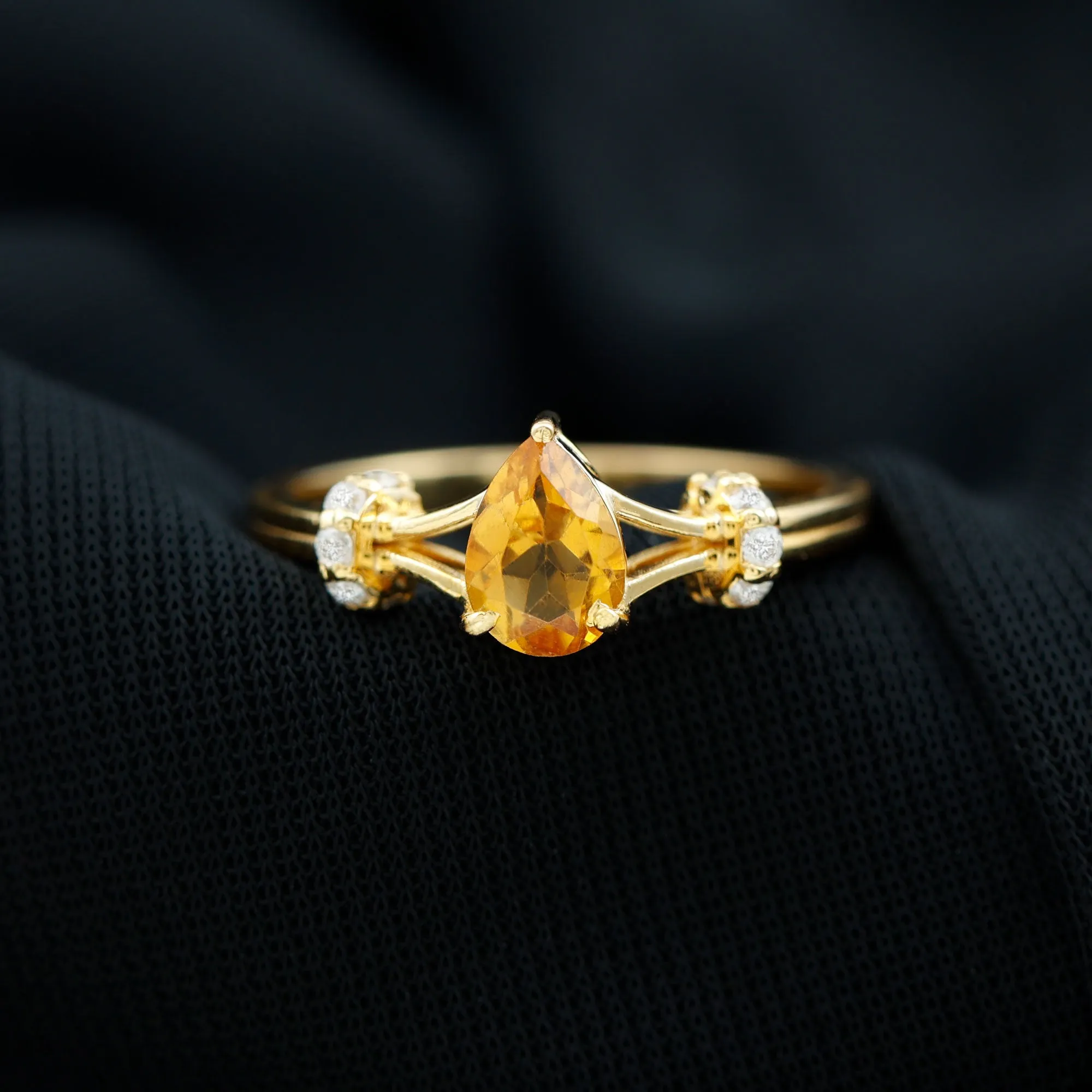 Pear Shape Citrine and Diamond Solitaire Ring in Split Shank