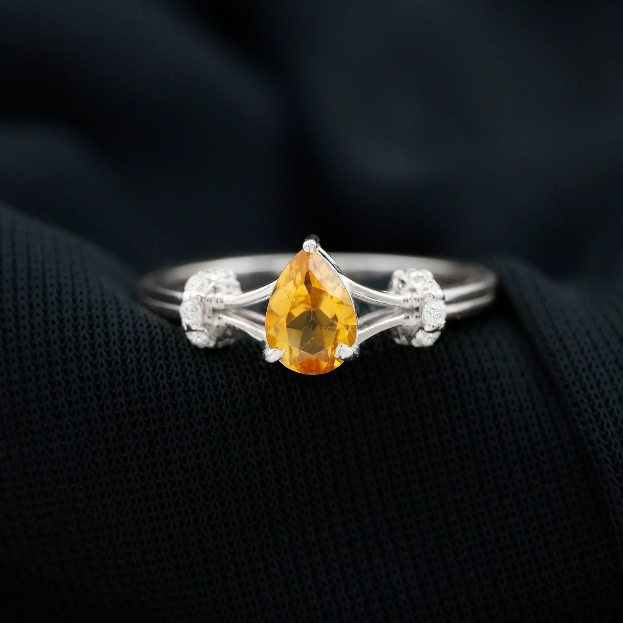 Pear Shape Citrine and Diamond Solitaire Ring in Split Shank