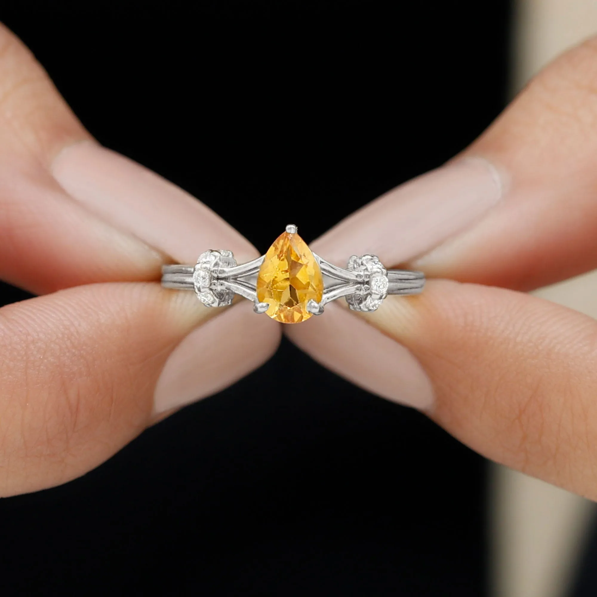 Pear Shape Citrine and Diamond Solitaire Ring in Split Shank