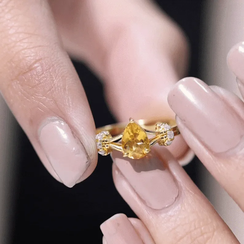 Pear Shape Citrine and Diamond Solitaire Ring in Split Shank
