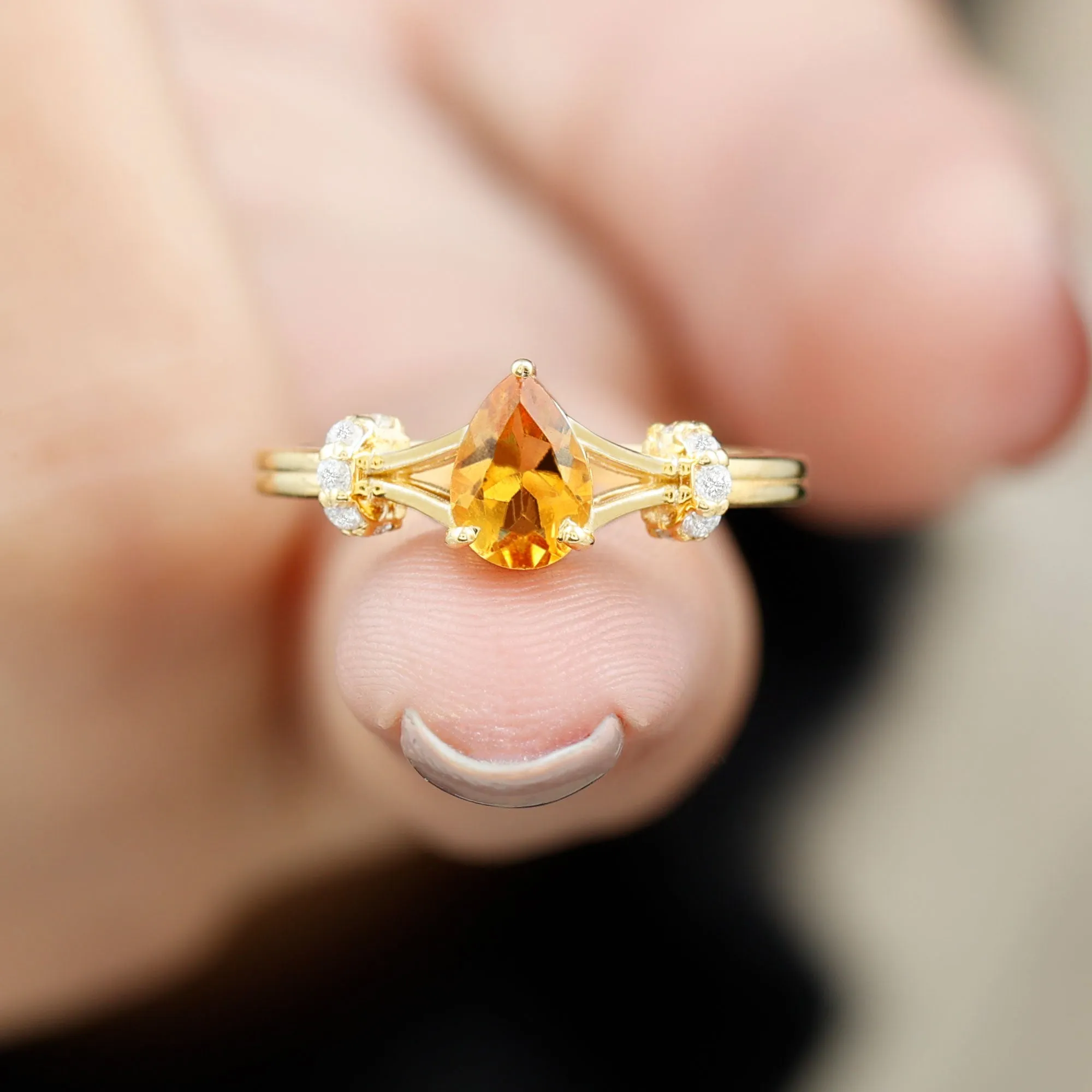 Pear Shape Citrine and Diamond Solitaire Ring in Split Shank