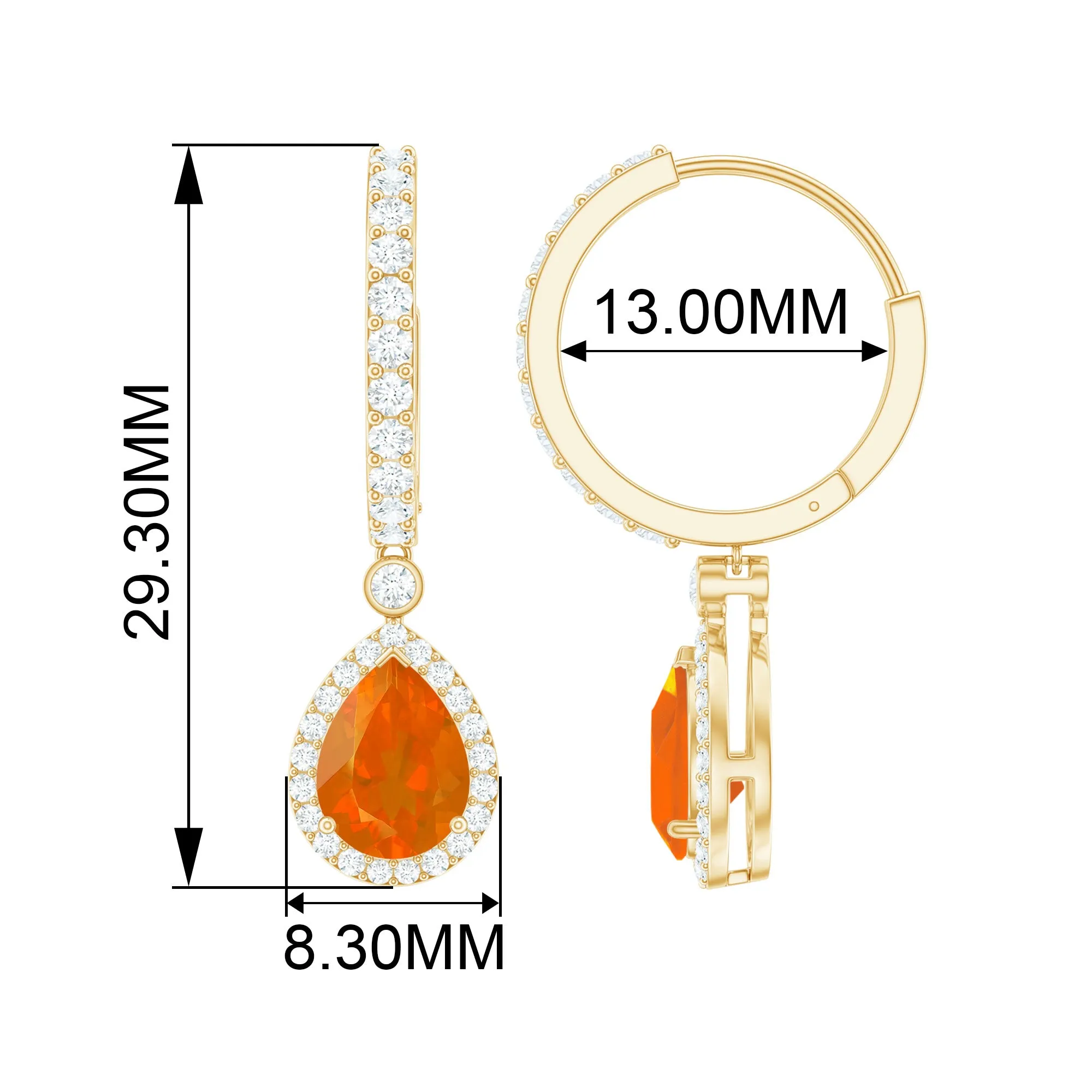 Pear Shaped Fire Opal Hoop Drop Earrings with Moissanite Halo