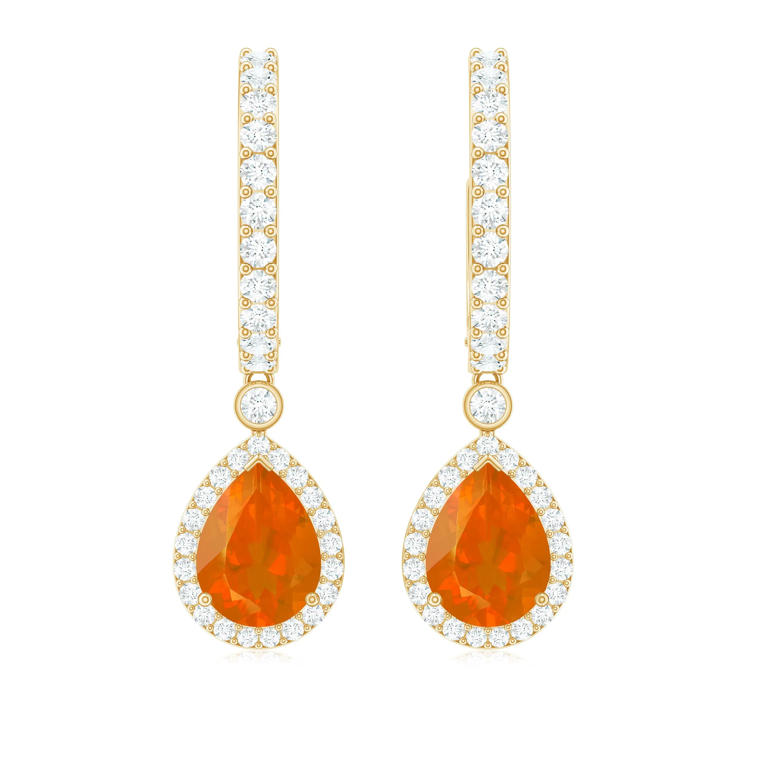 Pear Shaped Fire Opal Hoop Drop Earrings with Moissanite Halo