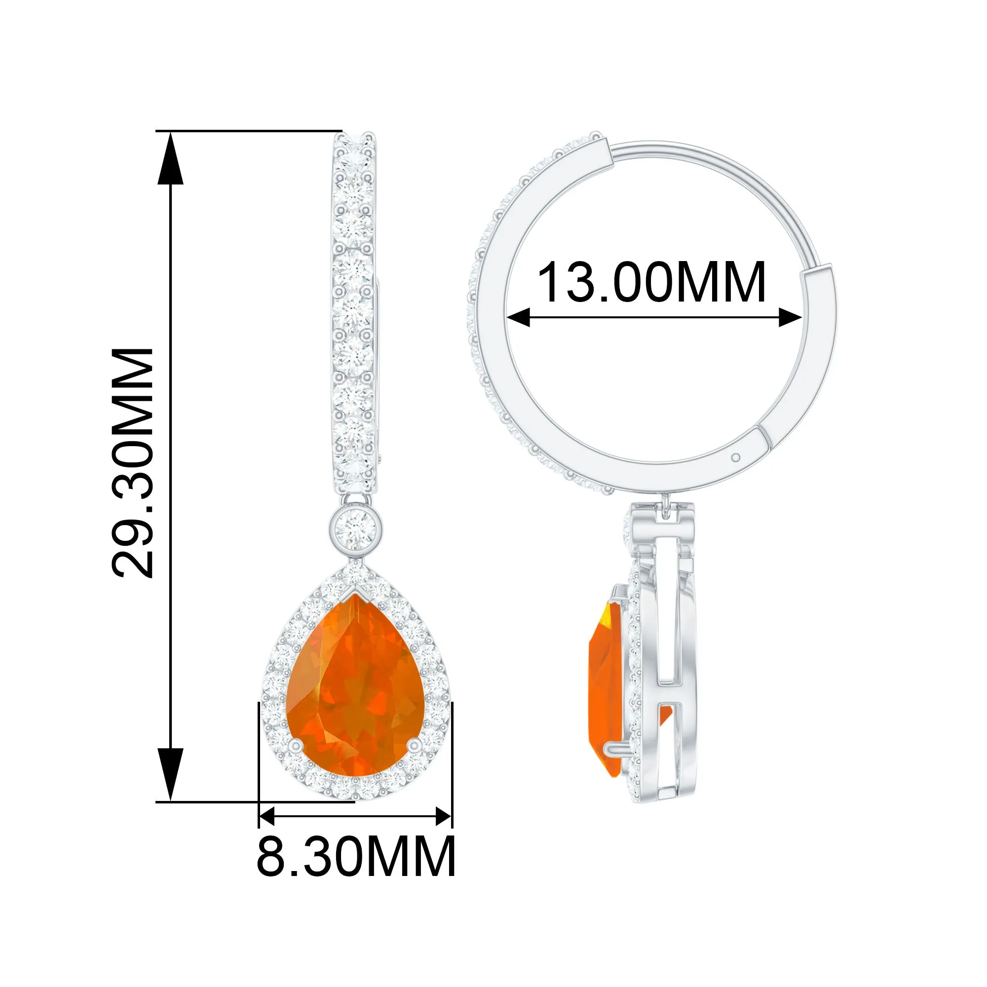 Pear Shaped Fire Opal Hoop Drop Earrings with Moissanite Halo