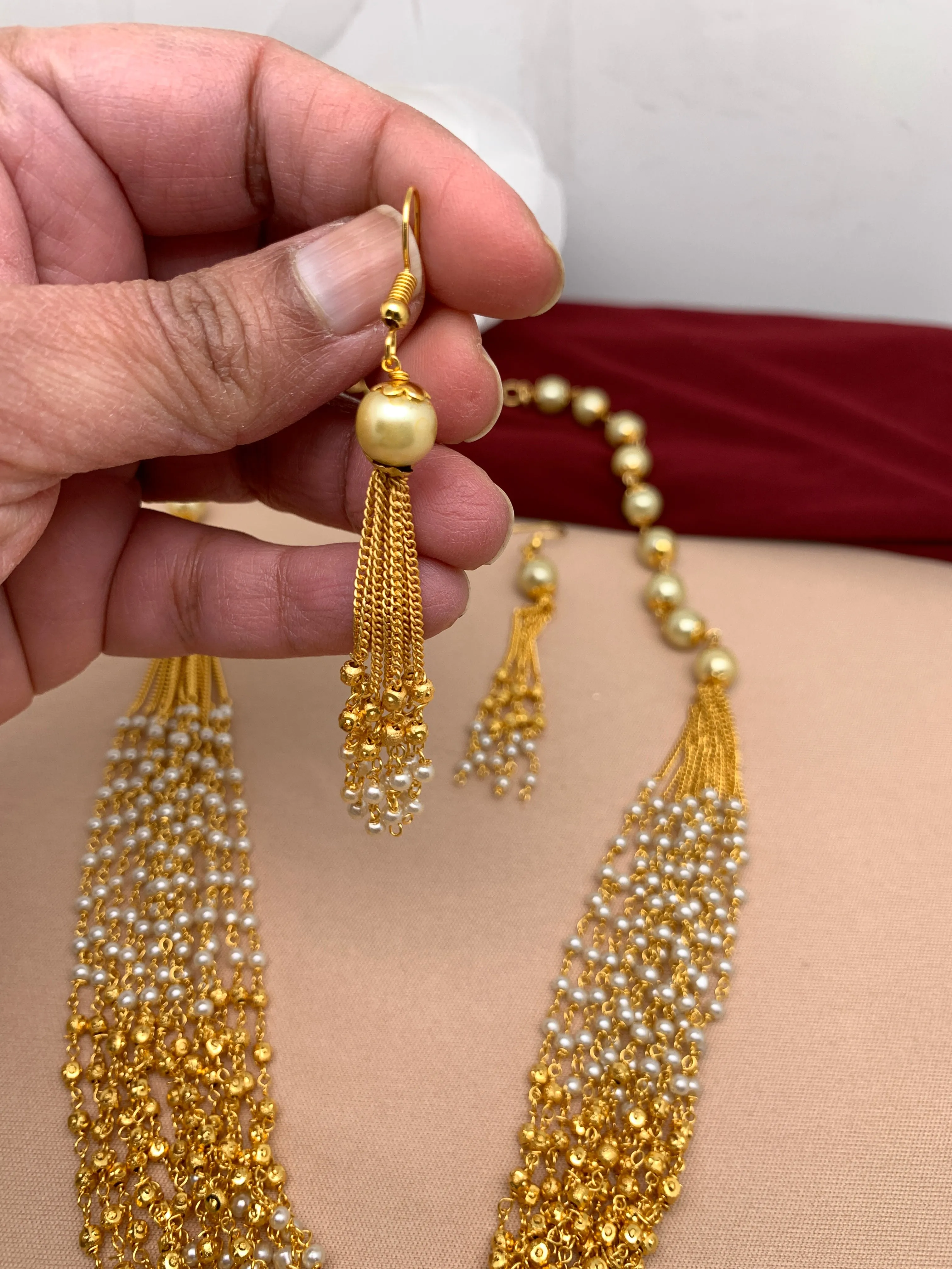 Pearl Bunch and Gold Beads 14  Line Necklace