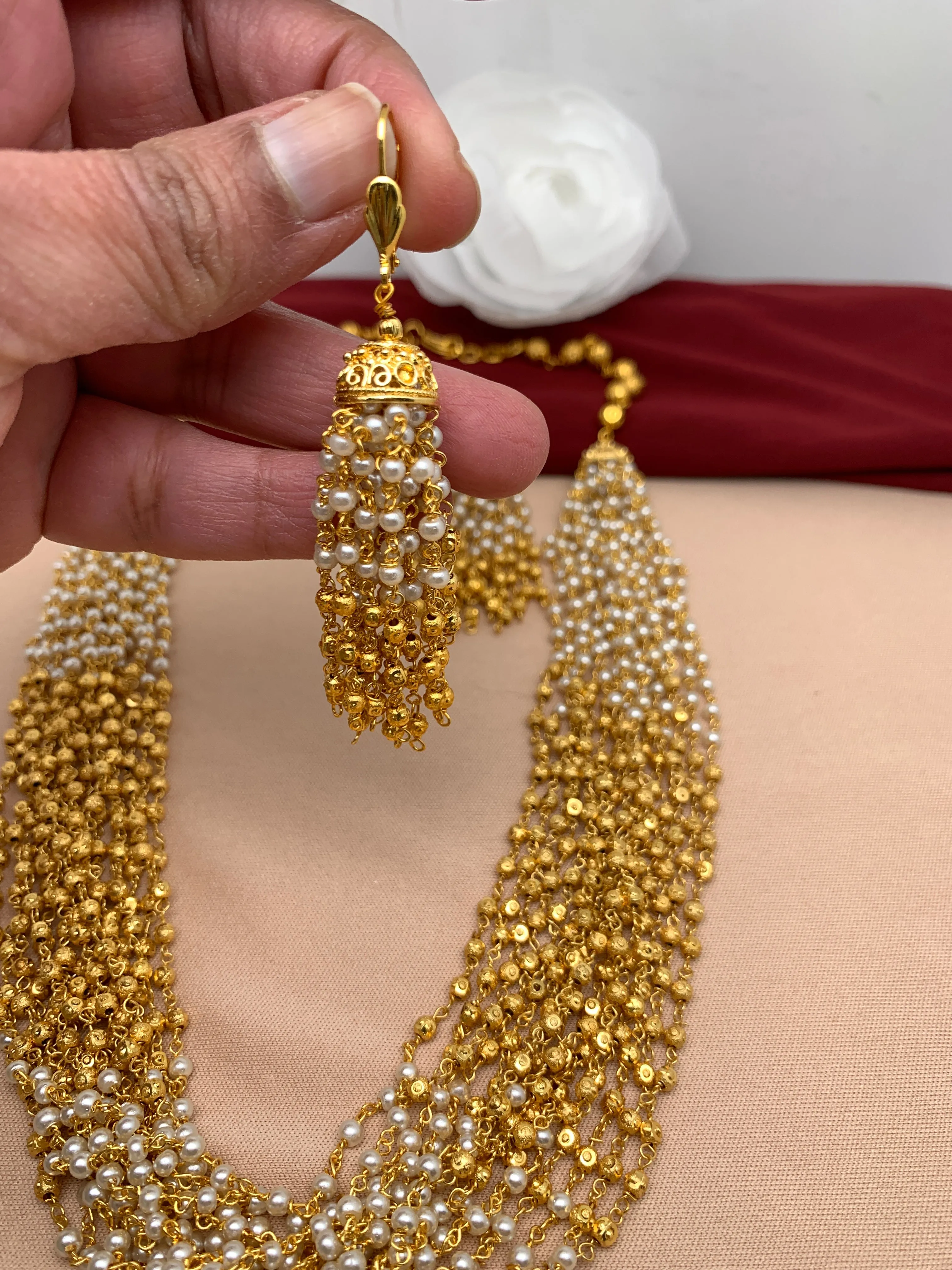 Pearl Bunch Gold Beads and pearls 16 Line Necklace