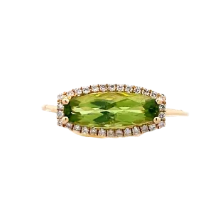 Peridot Cushion Shaped & Diamond Ring 14 Karat Yellow Gold