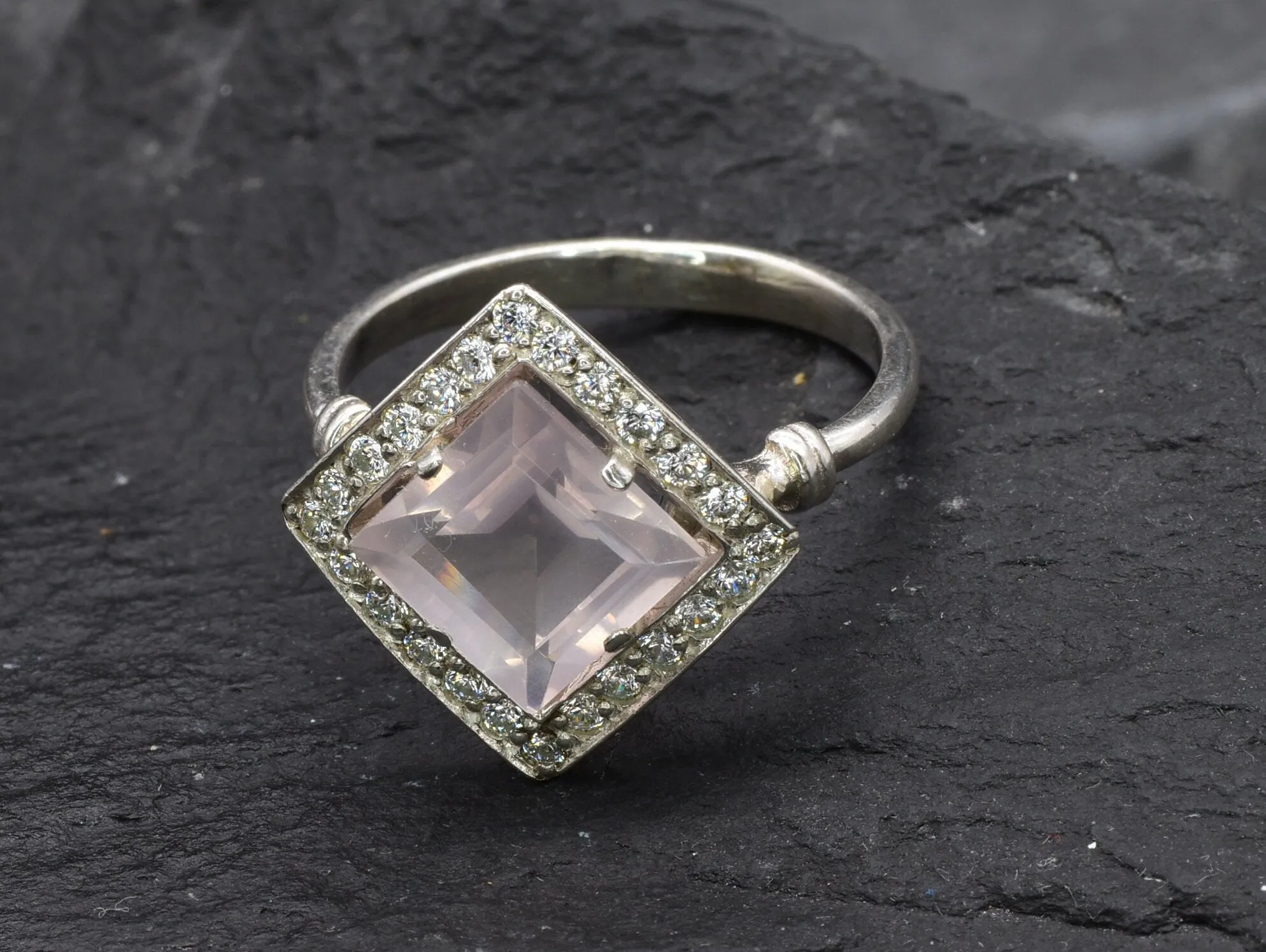 Pink Square Ring - Natural Rose Quartz, Pink Vintage Ring