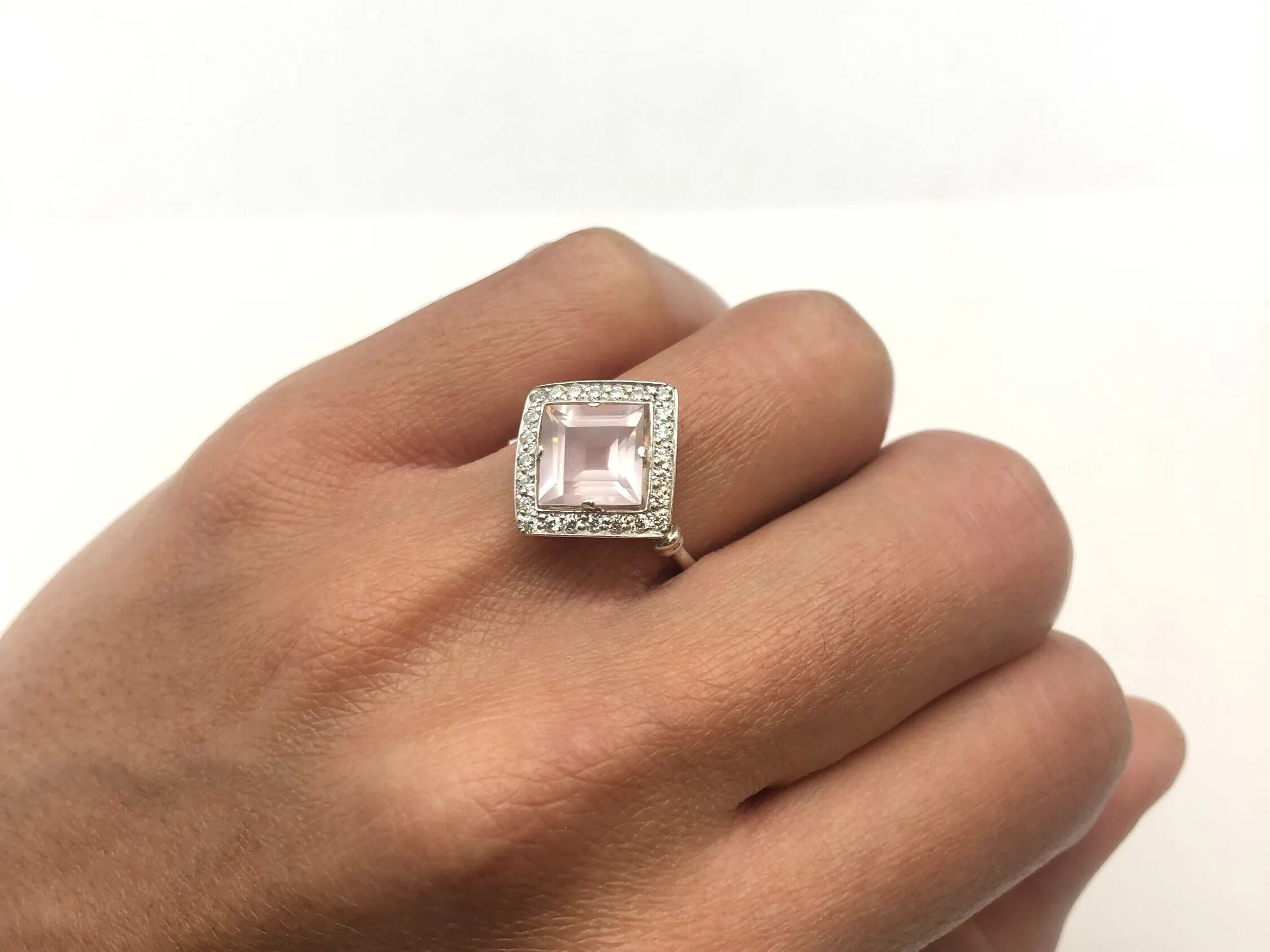 Pink Square Ring - Natural Rose Quartz, Pink Vintage Ring