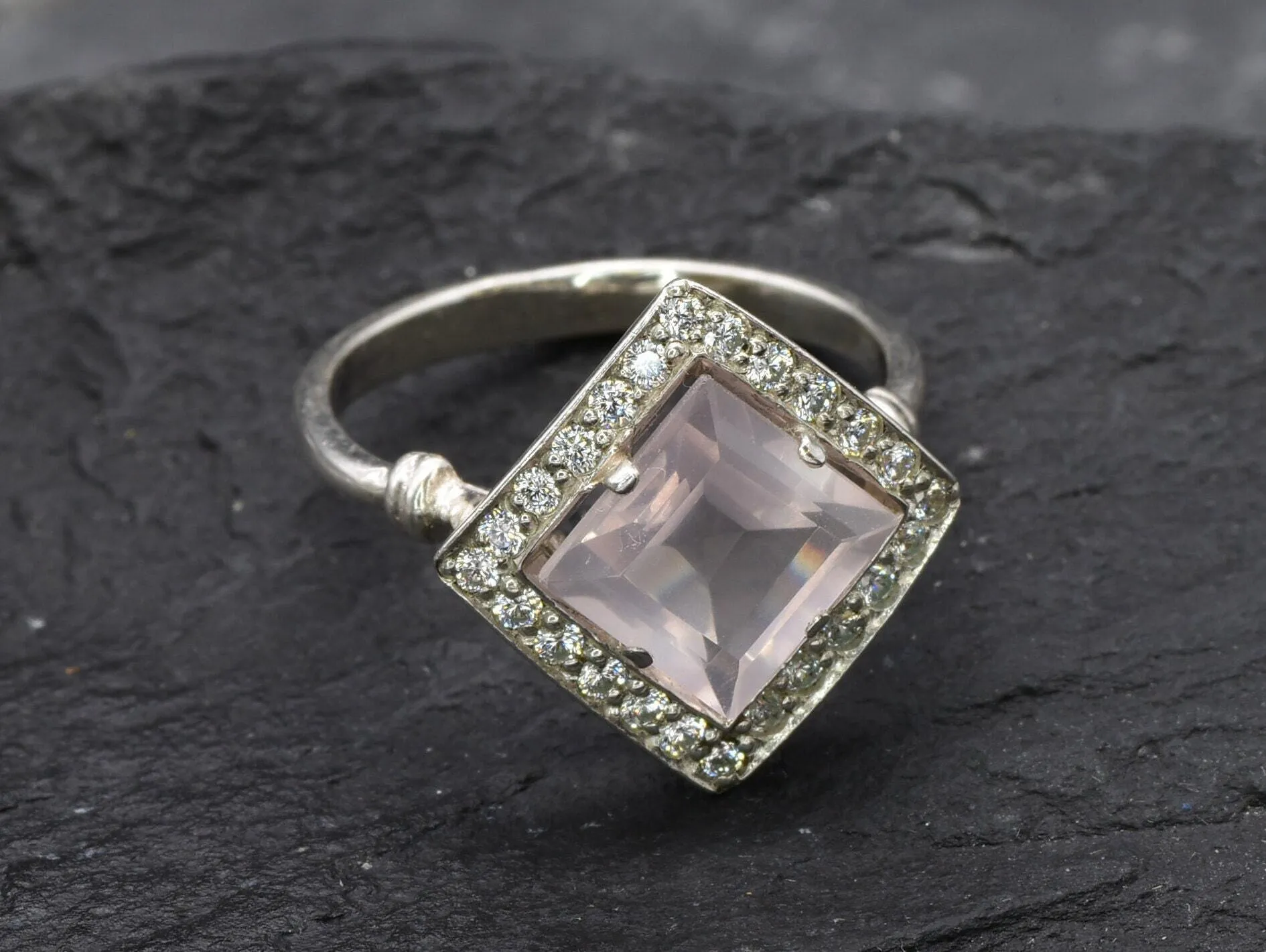 Pink Square Ring - Natural Rose Quartz, Pink Vintage Ring