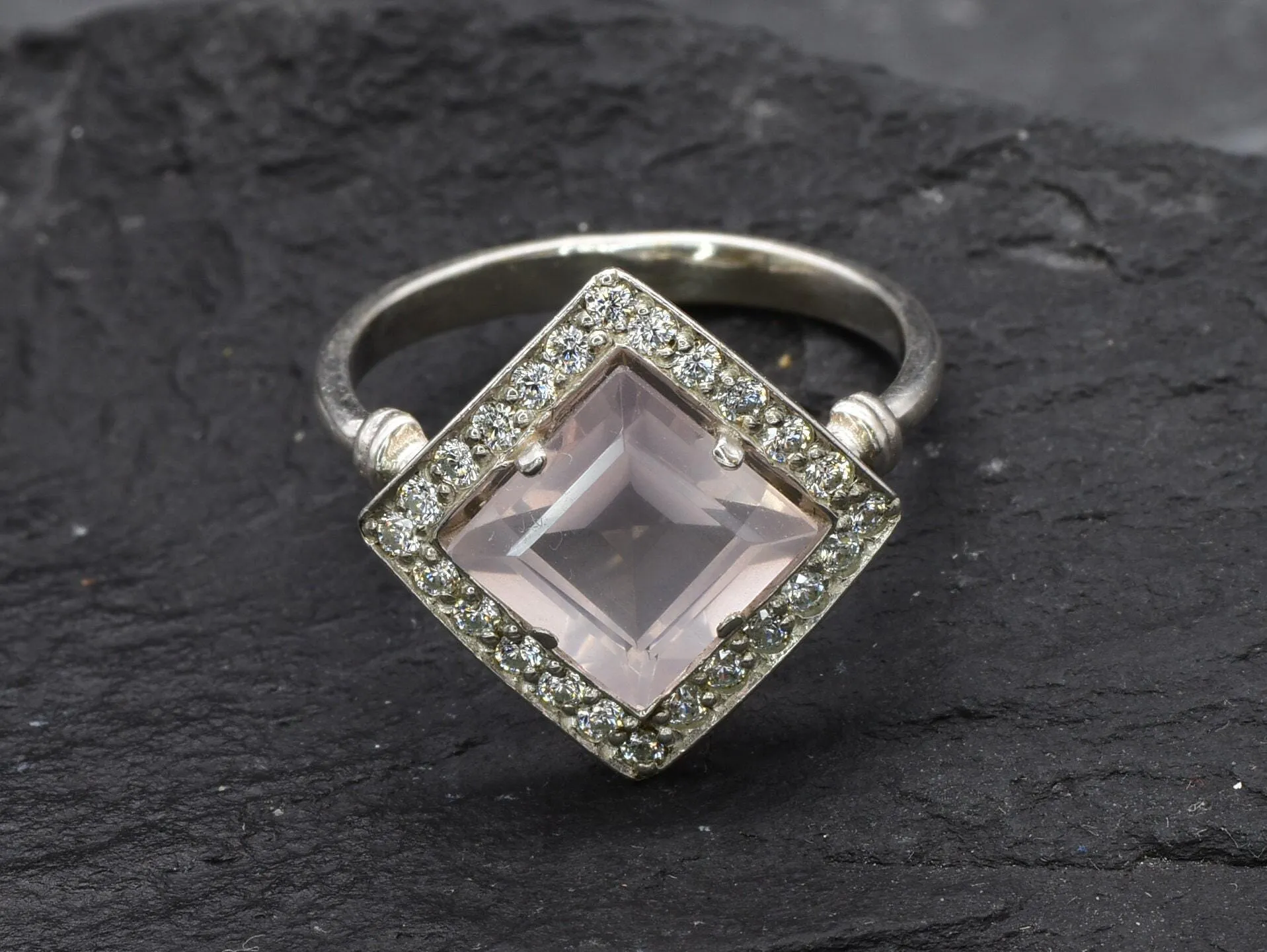 Pink Square Ring - Natural Rose Quartz, Pink Vintage Ring