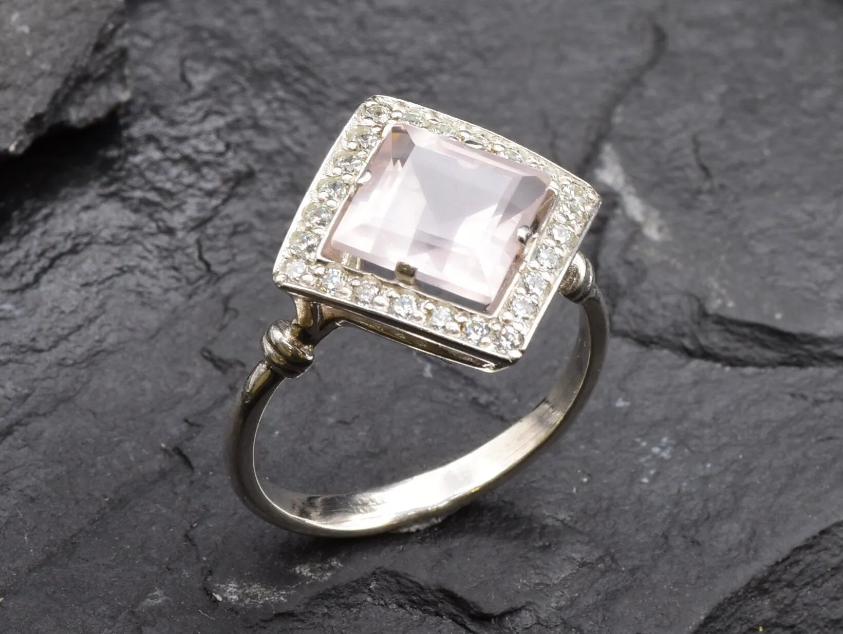 Pink Square Ring - Natural Rose Quartz, Pink Vintage Ring