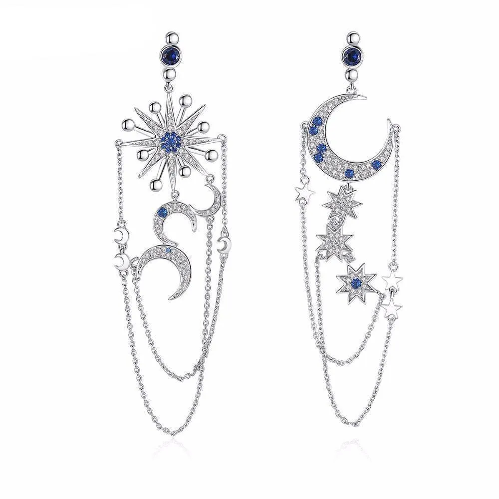 Premier Quality Vintage Asymmetrical Star Sun & Moon Long Dangle Drop Earrings*