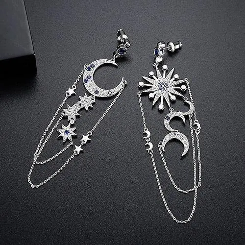 Premier Quality Vintage Asymmetrical Star Sun & Moon Long Dangle Drop Earrings*
