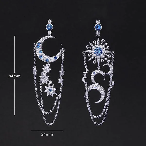 Premier Quality Vintage Asymmetrical Star Sun & Moon Long Dangle Drop Earrings*
