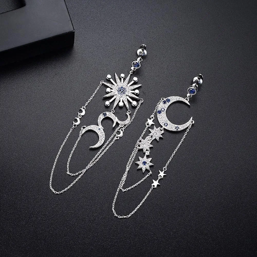 Premier Quality Vintage Asymmetrical Star Sun & Moon Long Dangle Drop Earrings*