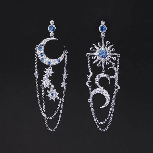 Premier Quality Vintage Asymmetrical Star Sun & Moon Long Dangle Drop Earrings*