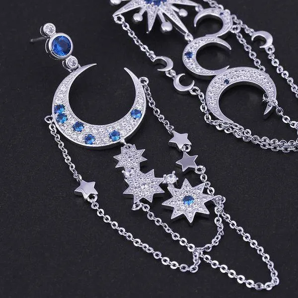 Premier Quality Vintage Asymmetrical Star Sun & Moon Long Dangle Drop Earrings*