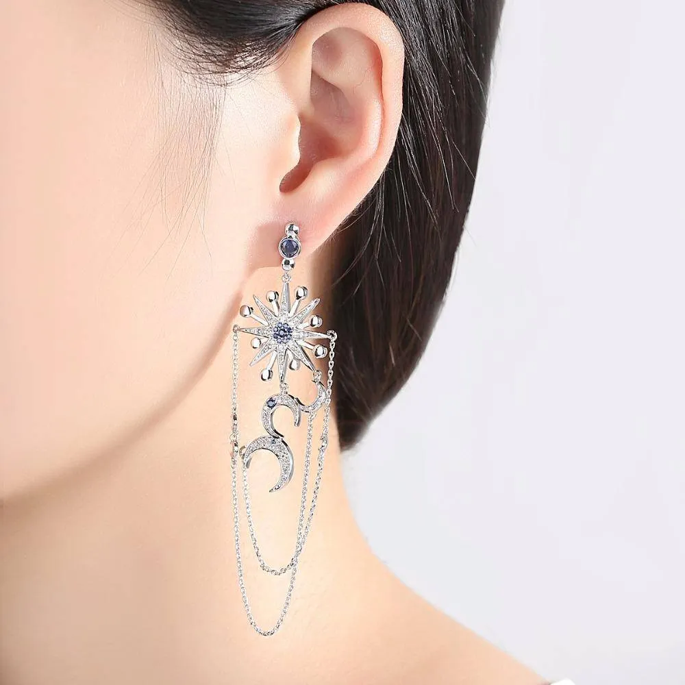 Premier Quality Vintage Asymmetrical Star Sun & Moon Long Dangle Drop Earrings*