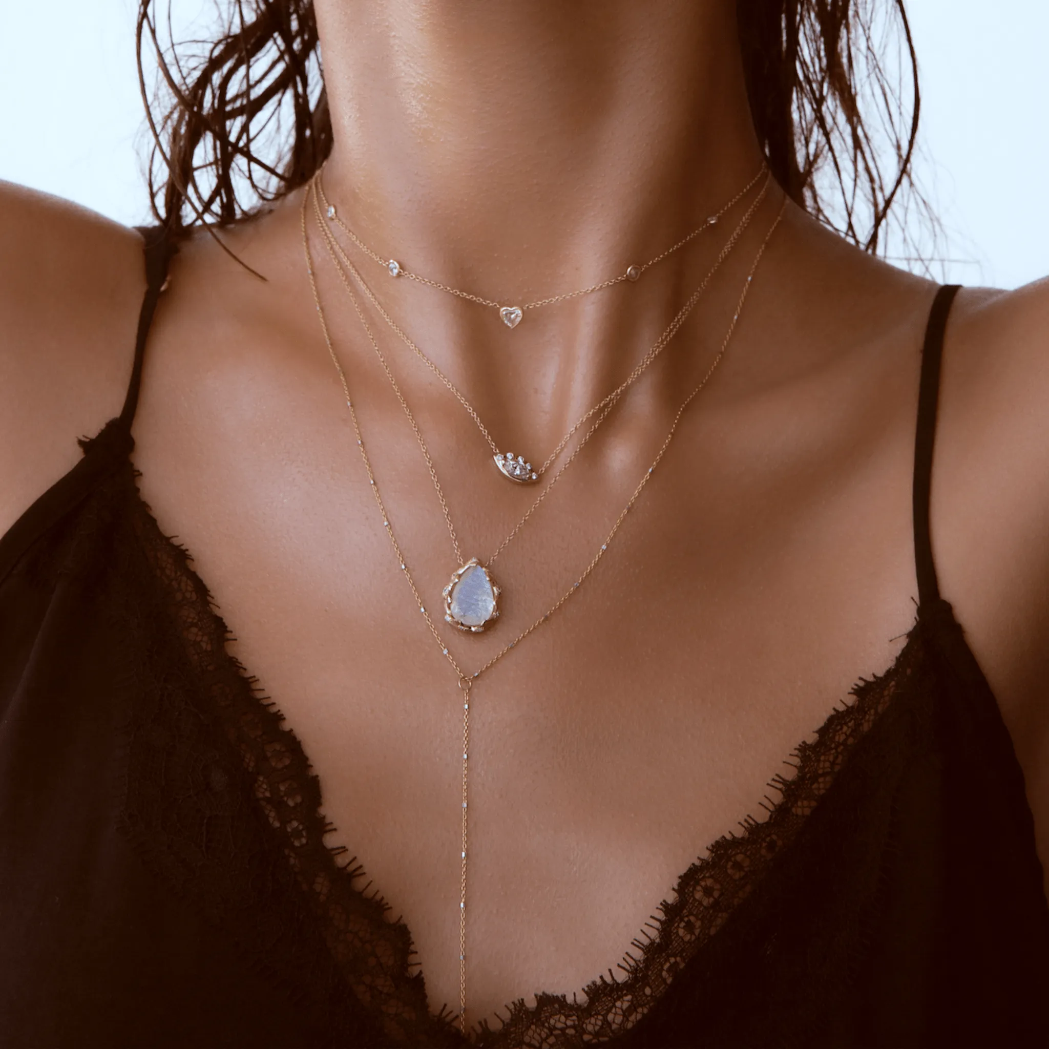 Queen Water Drop Moonstone Necklace with Sprinkled Diamonds | Ready to Ship